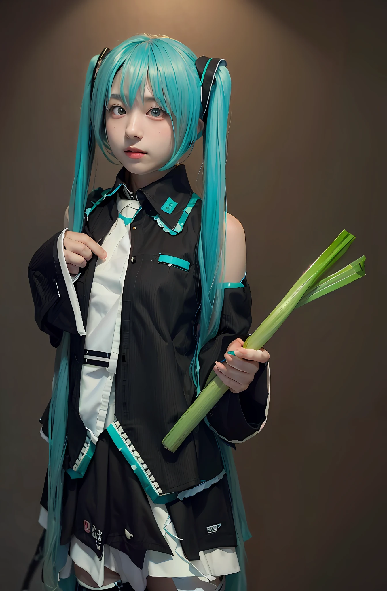 Hatsune Miku、Green onions、greenery、With green onions、photorealestic, high resolucion, 1个女孩, Korea person, Heterochromia eyes, small moles under eyes,In the Internet