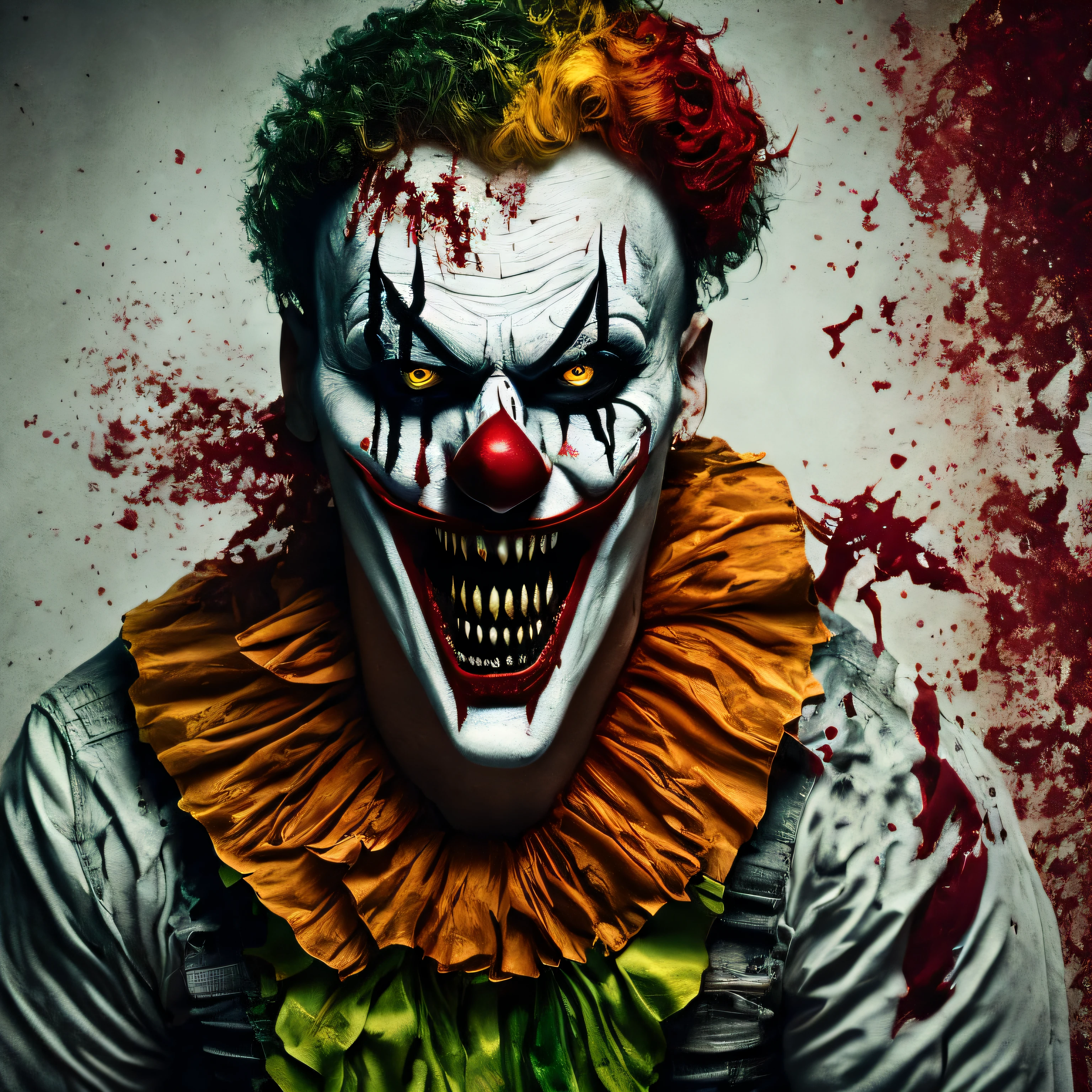 A gruesome image showcasing an evil clown covered in blood, their costume torn and stained, hinting at the violence and horror they have unleashed, Ultra realism, color field printing, high detail, UHD, 8k, anatomically correct, cinematic lighting 4d quality --auto