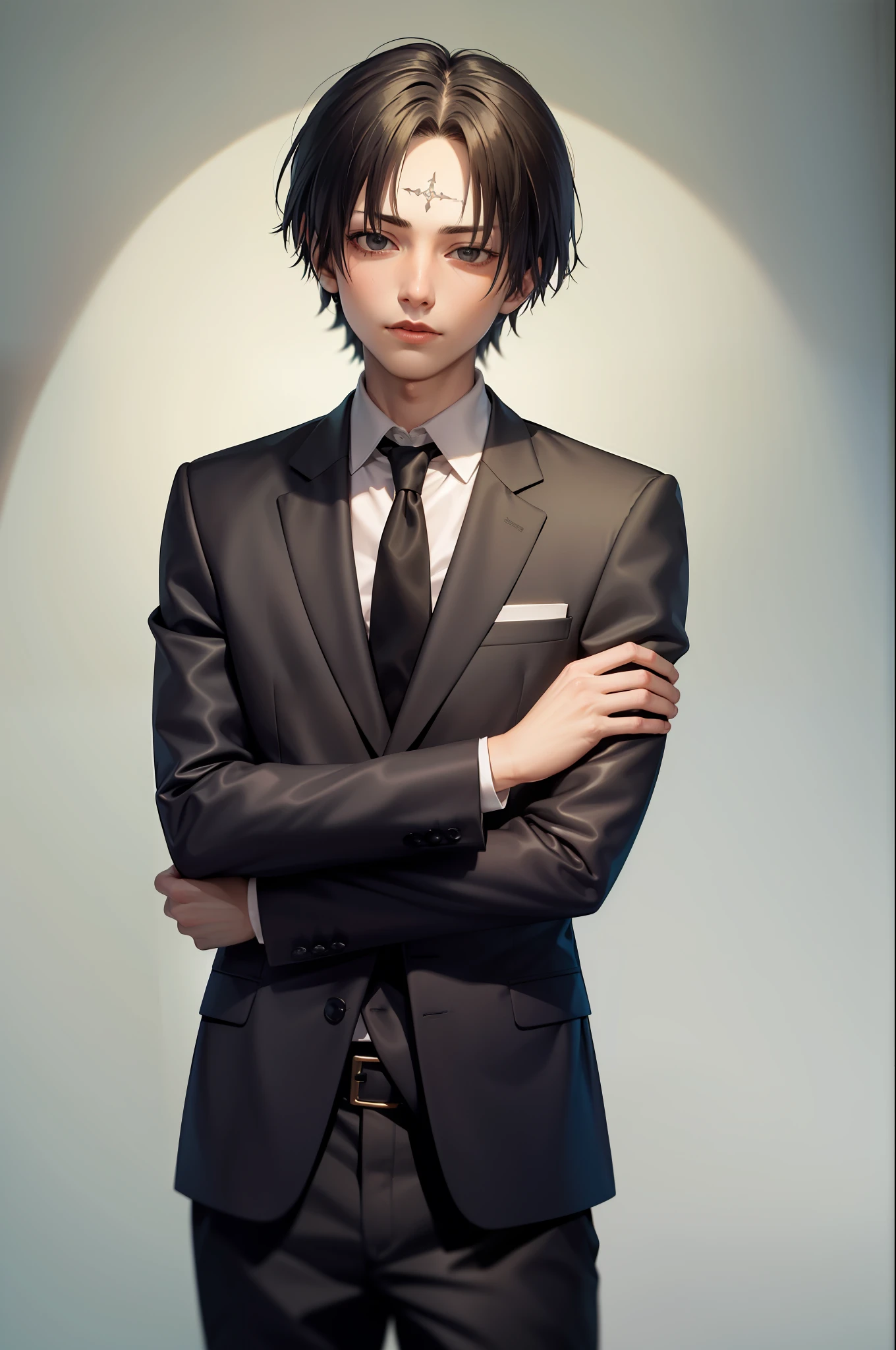 (masterpiece, best quality:1.2), cowboy shot, solo, male focus, 1boy, chrollo lucilfer, expressionless, closed mouth, crossed arms, formal, black suit, collared shirt, black necktie, black pants, black pants, jewelry, bandages, (blood:1.1)