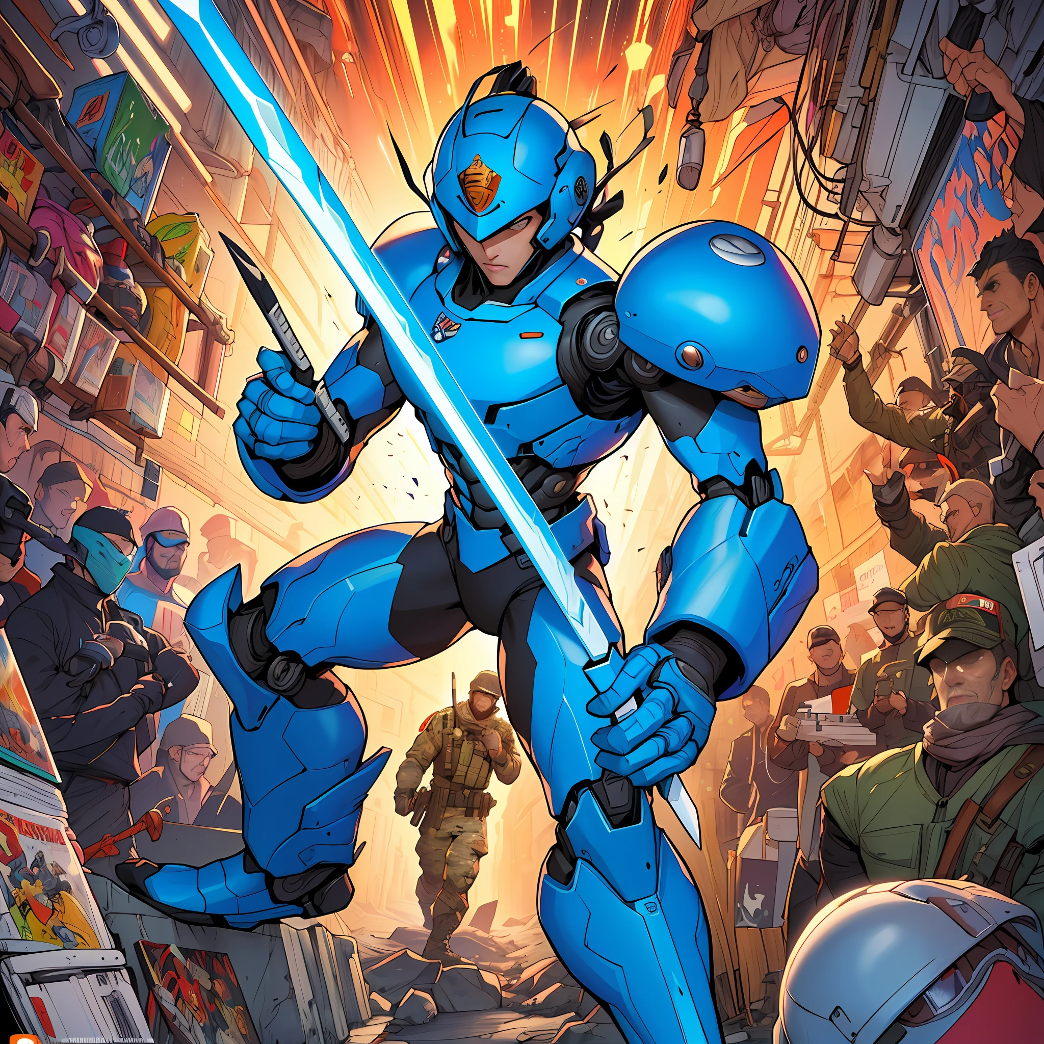 (anatomicamente correto, altissima qualidade, obra prima), Robot soldier, Espada de Energia, aura de batalha, Armadura futurista, intelência artificial, camouflage patterns, Comic book cover, Soldado, poderoso, espadachim, (( segurando espada )), sabre de luz