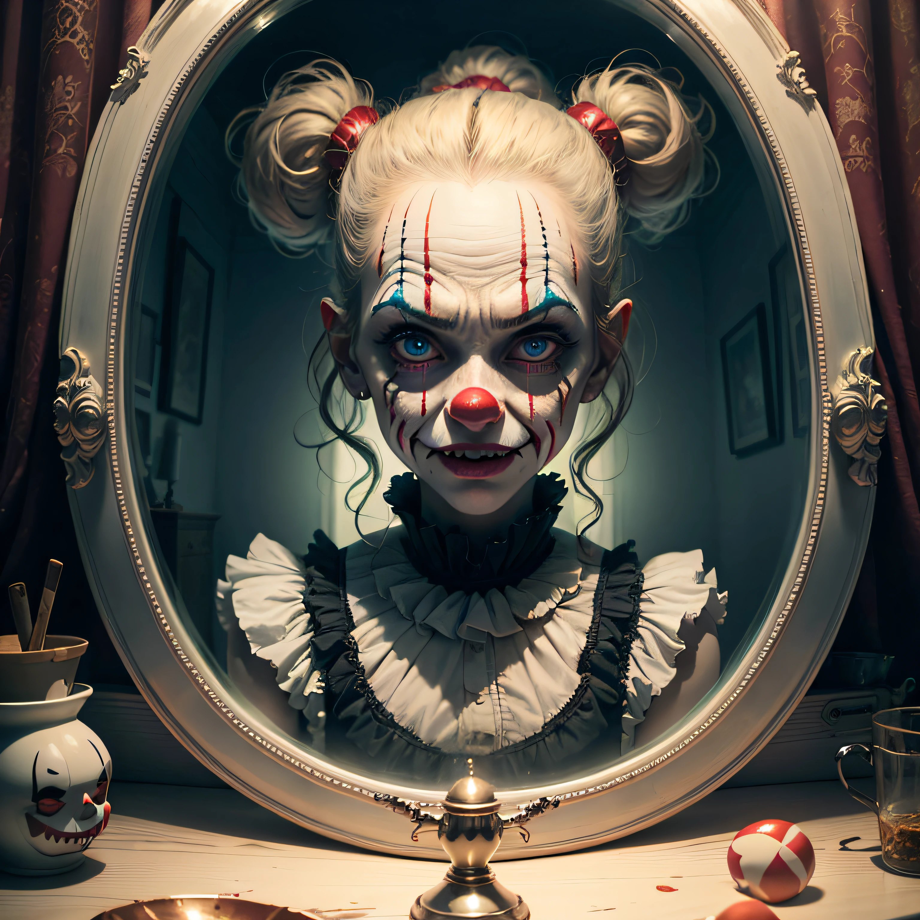 Haunted Circus Mirror An image featuring an evil clown's reflection in a cracked and distorted circus mirror, distorting their appearance and creating an unsettling and surreal visual, Ultra realism, color field printing, high detail, UHD, 8k, anatomically correct, cinematic lighting 4d quality --auto