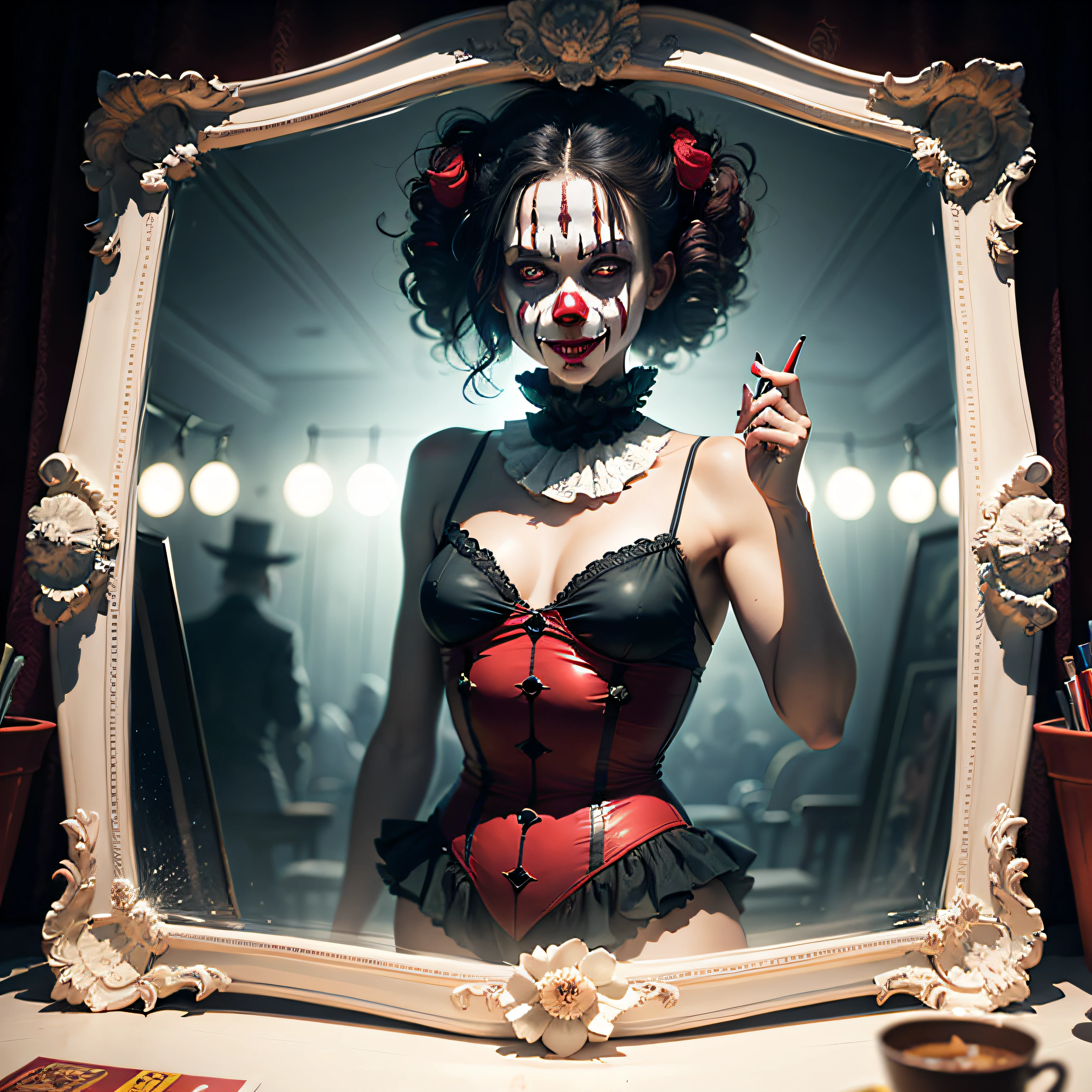 Haunted Circus Mirror An image featuring an evil clown's reflection in a cracked and distorted circus mirror, distorting their appearance and creating an unsettling and surreal visual, Ultra realism, color field printing, high detail, UHD, 8k, anatomically correct, cinematic lighting 4d quality --auto