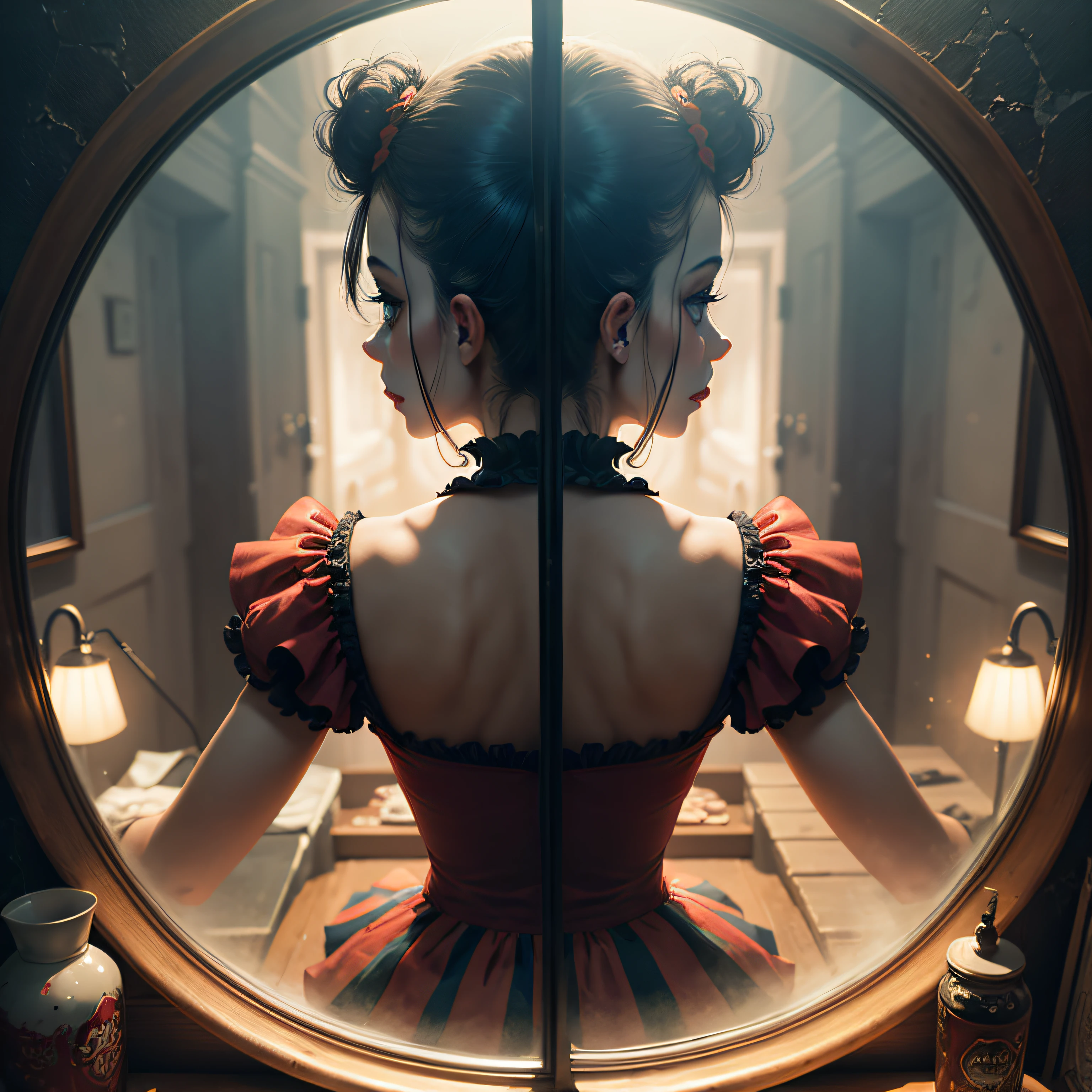 Haunted Circus Mirror	 An image featuring an evil clown's reflection in a cracked and distorted circus mirror, distorting their appearance and creating an unsettling and surreal visual, Ultra realism, color field printing, high detail, UHD, 8k, anatomically correct, cinematic lighting 4d quality --auto