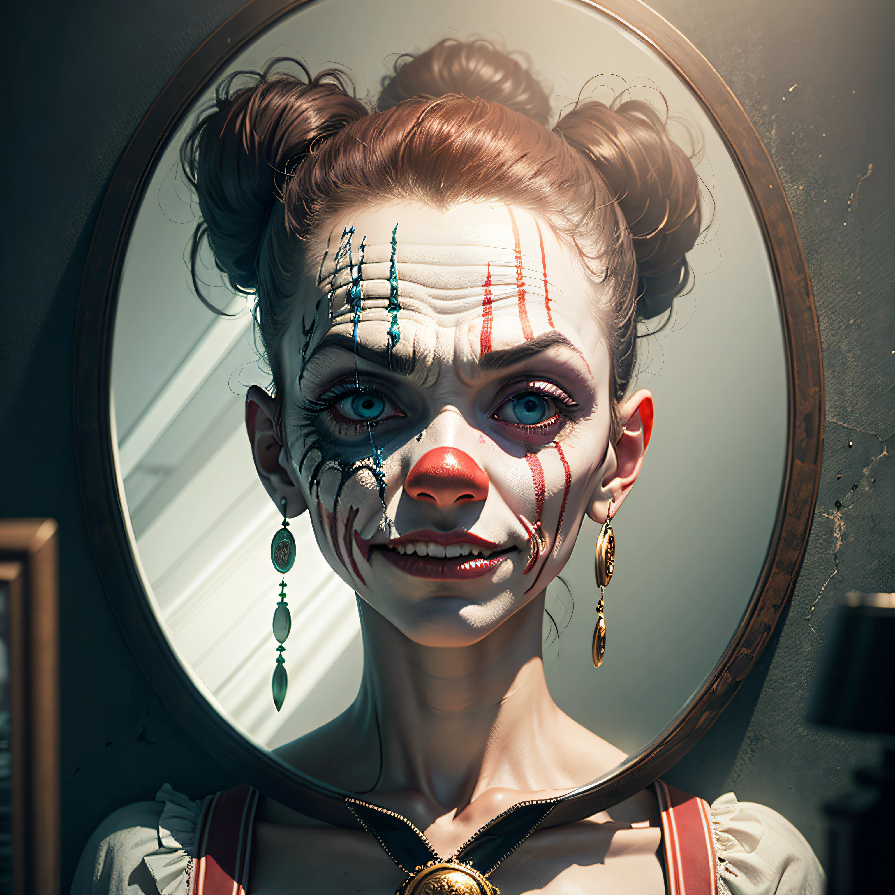 Haunted Circus Mirror	 An image featuring an evil clown's reflection in a cracked and distorted circus mirror, distorting their appearance and creating an unsettling and surreal visual, Ultra realism, color field printing, high detail, UHD, 8k, anatomically correct, cinematic lighting 4d quality --auto