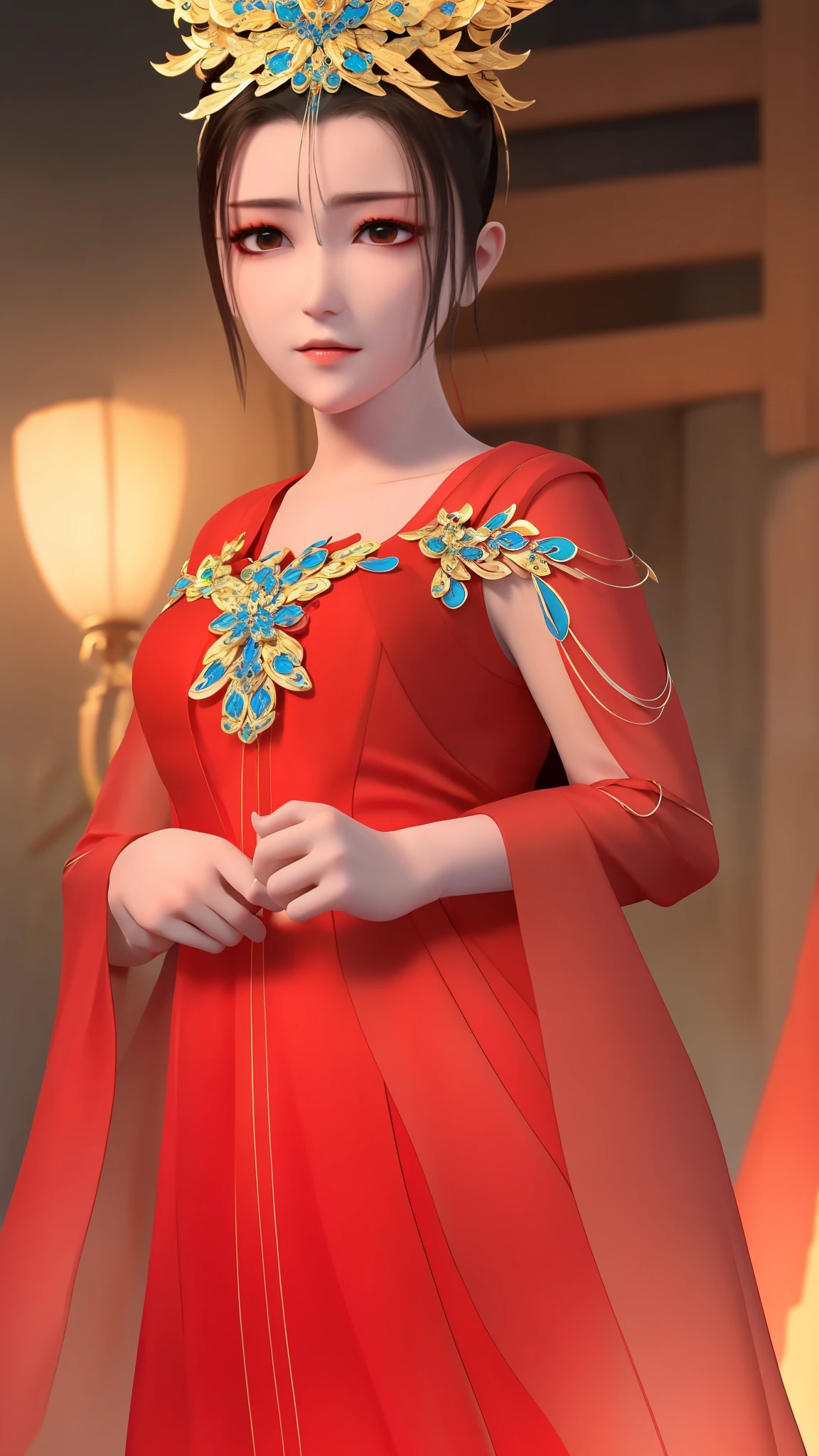 masterpiece,best quality,1girl, brown eyes, black_hair, chinese clothes,red dress,crown,jewelry,hair ornament,looking_at_viewer, cowboy shot,