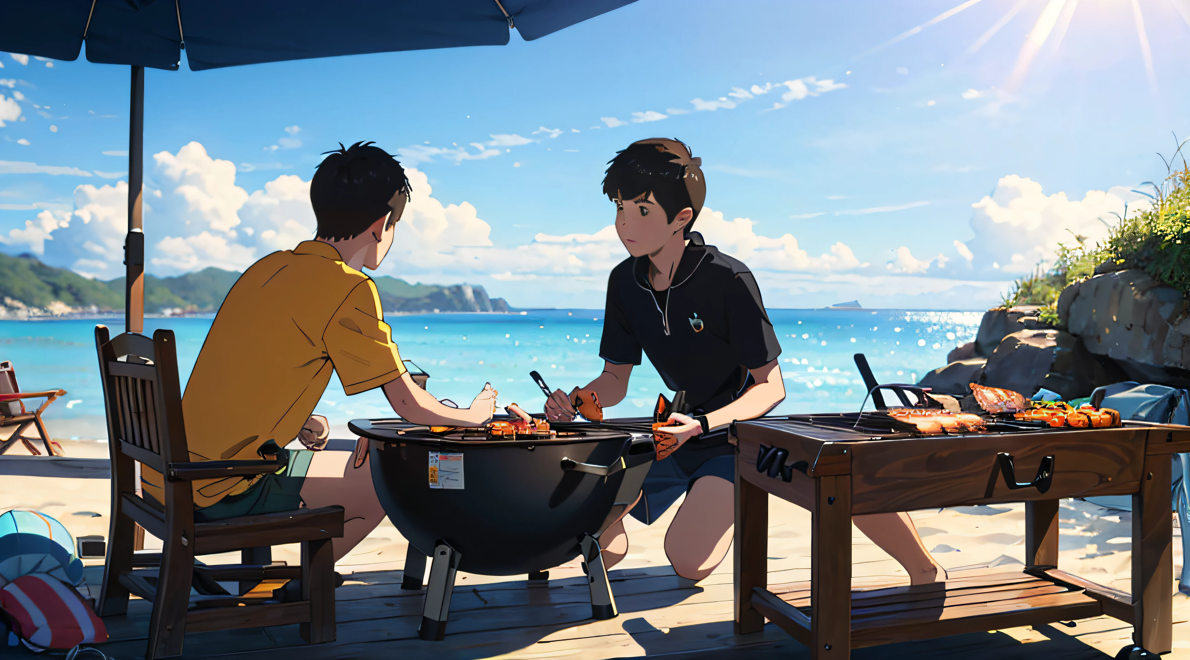(bestquality), highlydetailed, ultra-detailed, warm, beach, (2boys:1.5), (swimshorts), (barbecue), (sittingbygrill), (leaningonshell), (holdingstick), (shellsonstick), (sunlitseawater), (gentlesunlight), (clearsky), （UHD：1.5）, (masterpiece:1.5), 8k, best quality --auto