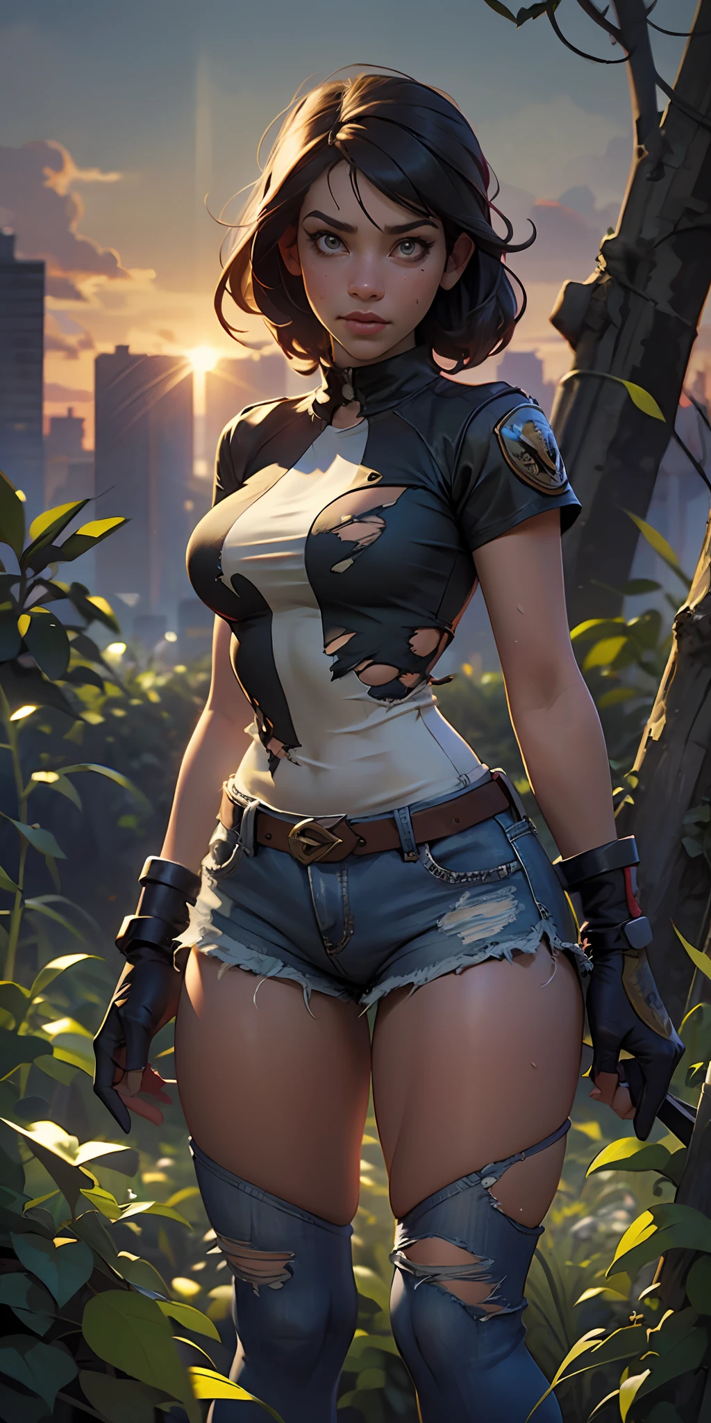 The Urban Ruins of the Wasteland, Female huntress picking fruit in the garden, torn shirt and denim shorts , sweating through, sun rising, Nice warm colors, The best volumetric lighting, Hyper Contrast, Ultra Hyper High Quality Textures, Highly detailed clothing