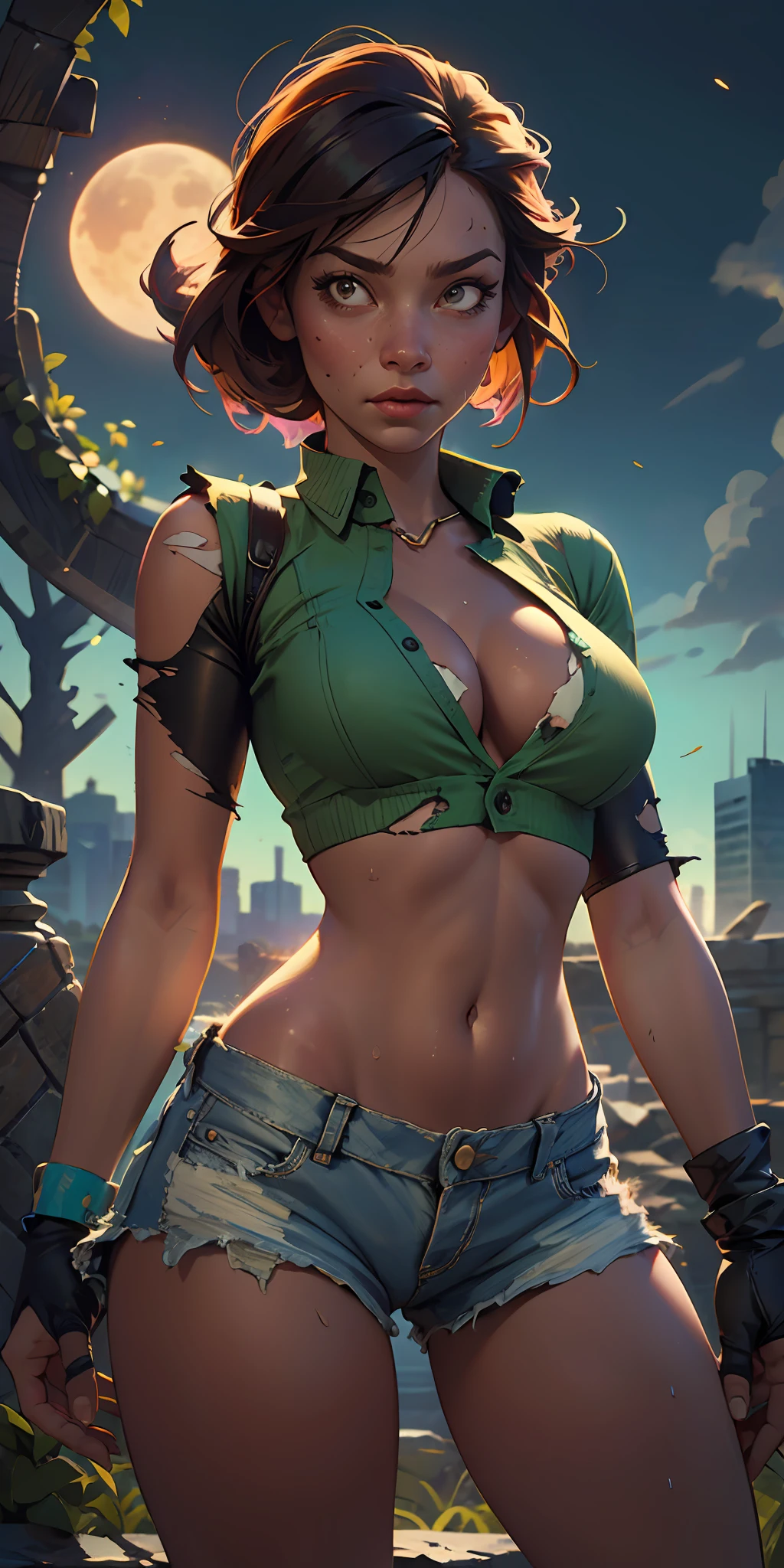 The Urban Ruins of the Wasteland, Female huntress picking fruit in the garden, torn shirt and denim shorts , sweating through, sun rising, Nice warm colors, The best volumetric lighting, Hyper Contrast, Ultra Hyper High Quality Textures, Highly detailed clothing