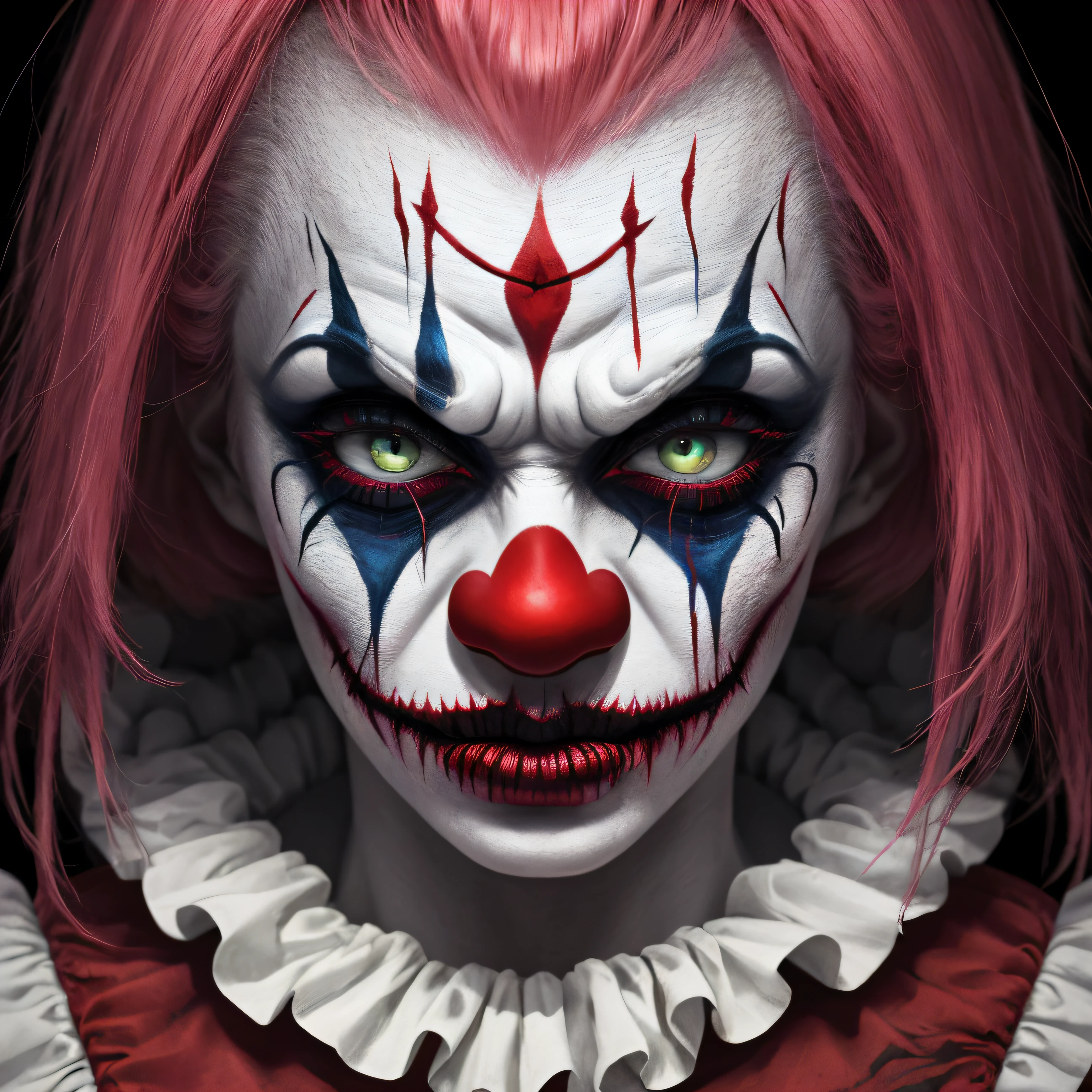 Nightmarish Makeup	 A detailed image highlighting the unsettling makeup of an evil clown, with exaggerated features, smeared colors, and unsettling patterns, adding to the sense of horror and deception, Ultra realism, color field printing, high detail, UHD, 8k, anatomically correct, cinematic lighting 4d quality --auto