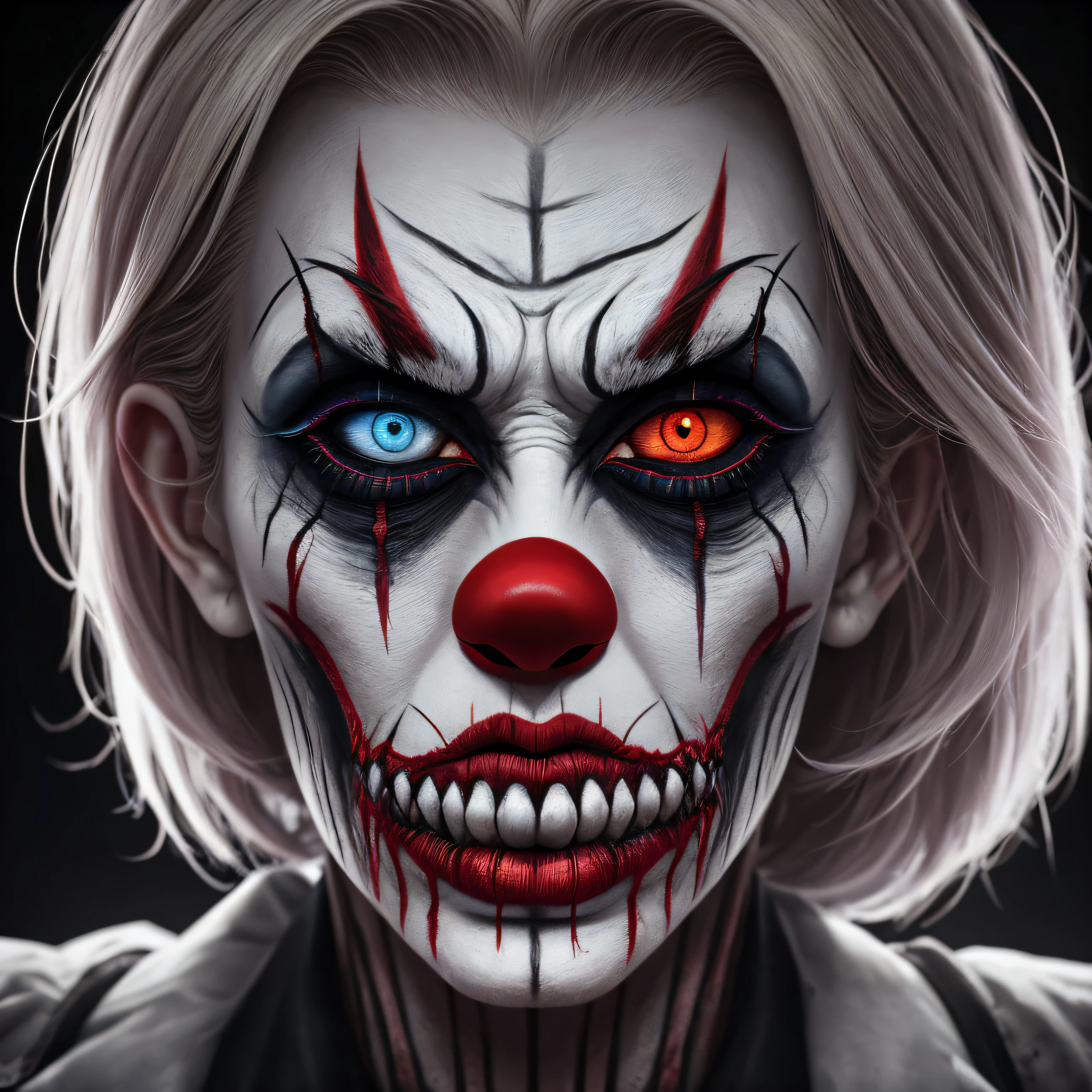Nightmarish Makeup	 A detailed image highlighting the unsettling makeup of an evil clown, with exaggerated features, smeared colors, and unsettling patterns, adding to the sense of horror and deception, Ultra realism, color field printing, high detail, UHD, 8k, anatomically correct, cinematic lighting 4d quality --auto
