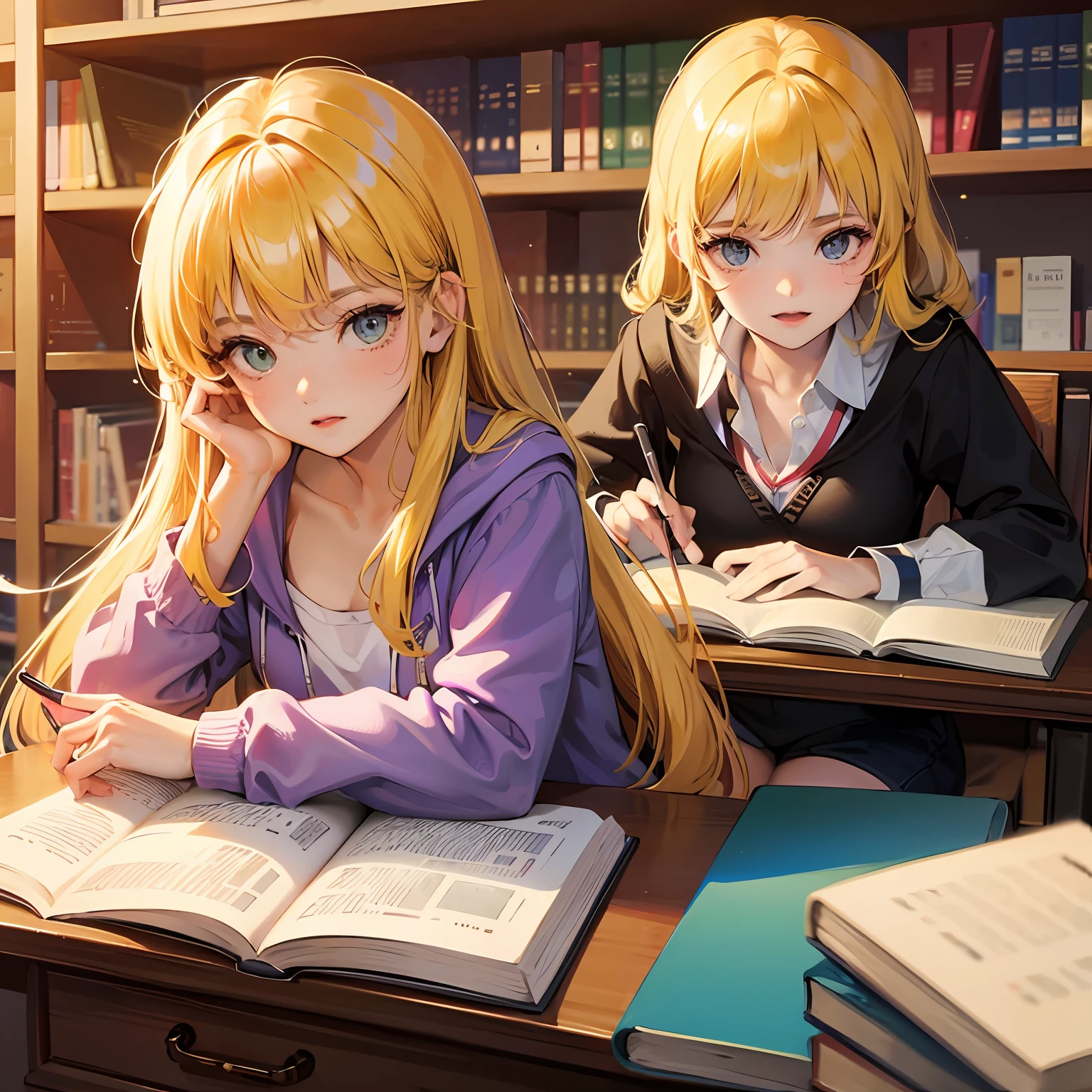 Yellow hair, girls,Learning in the library,Sun'rays,Study at your desk,Cutes --auto