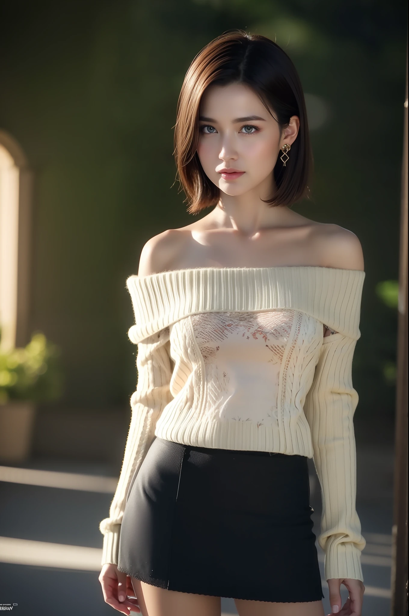 luna,((  sweater, long sleeves, bare shoulders, skirt,  :1.4)),sarong, sunset, beach, floral print,  depth of field, night cityscape, (1girl:1.6),   short hair, ((Sliver hair:1.4)) ,(original: 1.2), (realistic: 1.3) , beautiful girl with beautiful details, extremely detailed eyes and face, eyes with beautiful details, absurd, incredibly absurd, huge file size, ultra detail, high resolution, ultra detailed, best quality, masterpiece, illustration, ultra detailed and beautiful, ultra detailed, CG, unity, 8k wallpaper, amazing, fine Detail, masterpiece, top quality, official art, extremely detailed CG unity 8k wallpaper, cinematic lighting, (perfect shiny skin:0.6), slim and smooth lines, (floating), (small breasts:1),  earrings ,