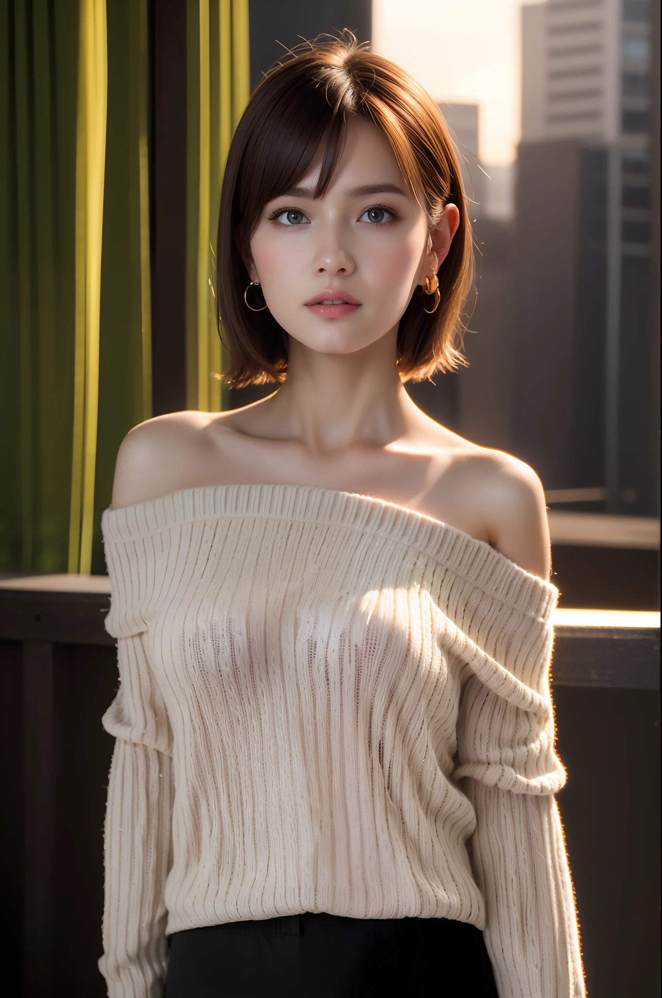 luna,(( sweater, long sleeves, bare shoulders, skirt, :1.4)),sarong, sunset, beach, floral print, depth of field, night cityscape, (1girl:1.6), short hair, ((Sliver hair:1.4)) ,(original: 1.2), (realistic: 1.3) , beautiful girl with beautiful details, extremely detailed eyes and face, eyes with beautiful details, absurd, incredibly absurd, huge file size, ultra detail, high resolution, ultra detailed, best quality, masterpiece, illustration, ultra detailed and beautiful, ultra detailed, CG, unity, 8k wallpaper, amazing, fine Detail, masterpiece, top quality, official art, extremely detailed CG unity 8k wallpaper, cinematic lighting, (perfect shiny skin:0.6), slim and smooth lines, (floating), (small breasts:1), earrings ,