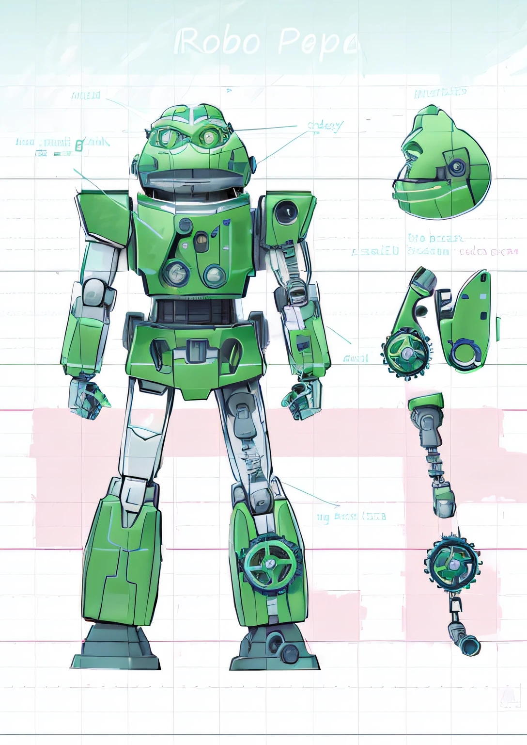 high qulity，Robot design, green colour，The robot is green，steampunk blueprint, mecha robot details, robot anatomy elements, tintoy characterdesign robot, mechanical robot body, Concept robot, vitruvian mecha, industrial design, Robotics diagram, anthropomorphic robot [ thing ], mechanoid，illustration，Robot green