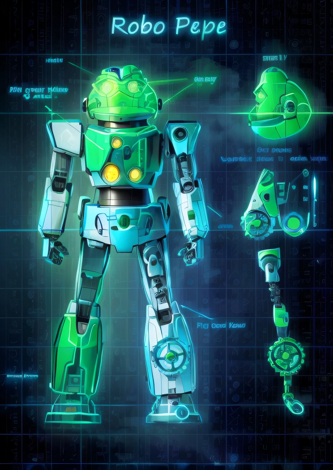 high qulity，Robot design, green colour，The robot is green，steampunk blueprint, mecha robot details, robot ??????? elements, tintoy characterdesign robot, mechanical robot body, Concept robot, vitruvian mecha, industrial design, Robotics diagram, anthropomorphic robot [ thing ], mechanoid，illustration，Robot green