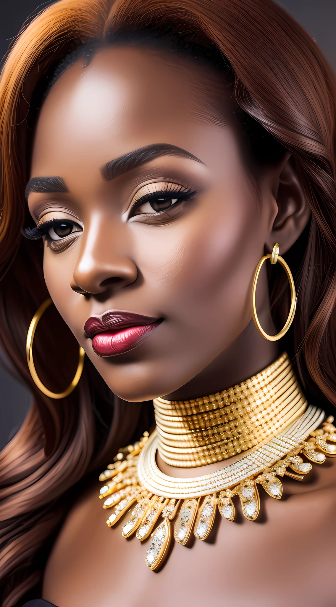 Realistic photography of a black woman wearing fancy party clothes, golden necklace, gold hoop earrings, brown eyes, dark red hair, glossy red lips, orange halogen lights on background, top model pose, eyes focused on camera, centered, detailed and intricated photography, cinematic soft lights, film gray, auto focus, low key