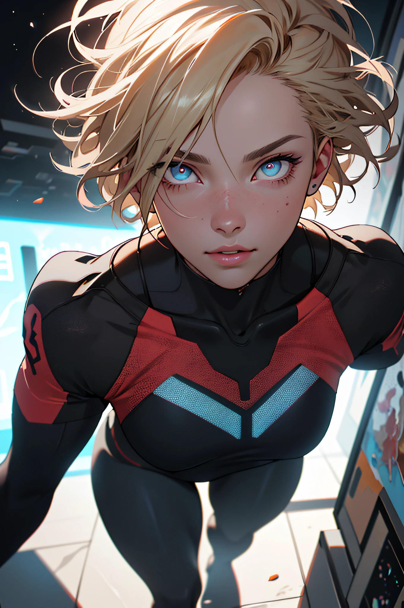 Highly detailed RAW color photo, beautiful young woman, short blonde hair, dynamic pose, (wide hips), (detailed skin), (detailed lips), (detailed eyes), (cosmic: 1.4), (necropolis: 1.1), (science fiction setting) (detailed face), (curvy), red clothing, detailed eyes, chromatic aberration, depth of field, soft lighting, masterpiece, best quality, intricate, (lens reflection: 0.7), (flowering: 0.7), particle effects, ray tracing, tone mapping, highly detailed, concept art, smooth, sharp focus, dramatic lighting, highly detailed art, cinematic, hyper-realistic painting, trending on Artstation, 8K, amazing shadows, realistic, (highly detailed background: 1.2), mid-journey art