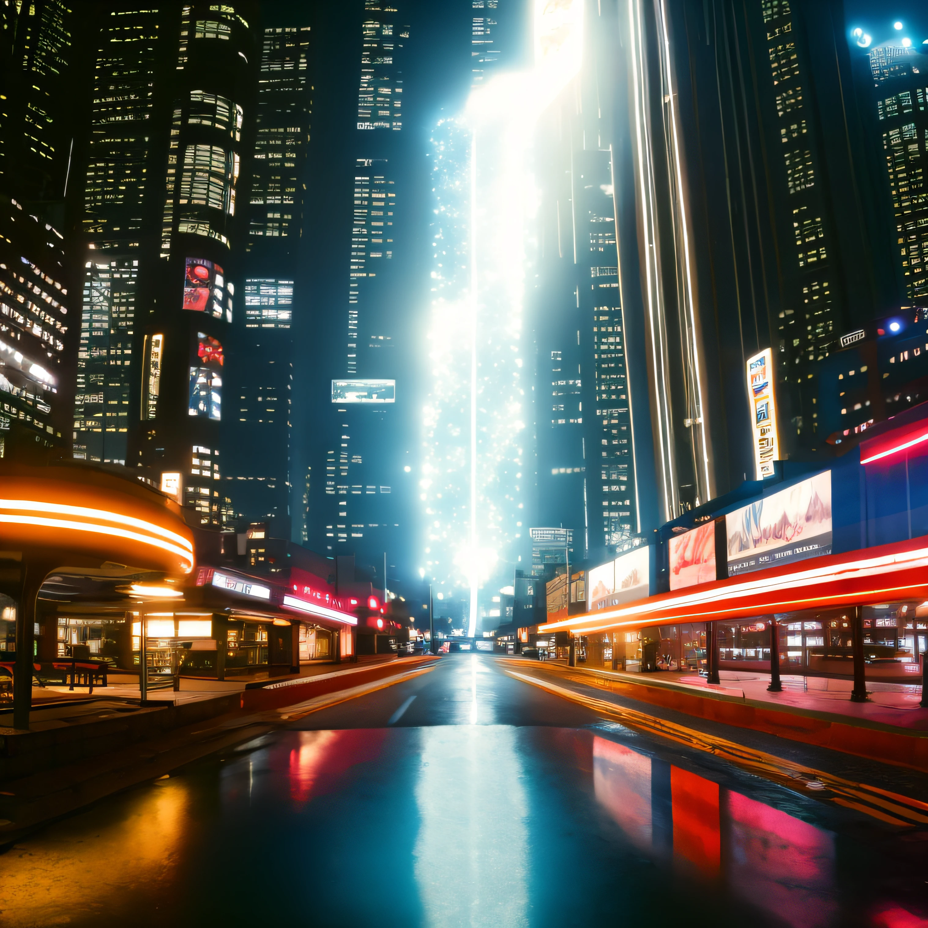 hologram of long shot scenic professional photograph of night city avenue, atasco,Luces nebulosas, holographic road signs, Lloviendo, Coches flotantes, Metal, fondo borroso, realismo intrincado RAW cine sincero, 16mm, color graded portra 400 film, color notable, ultra realista, piel texturizada, alumnos notables y detallados, Ruido realista de la piel opaca, Detalle visible de la piel, pelusa de la piel, piel seca, shot with cinematic camera, Mirador perfecto, Altamente detallado, Lente gran angular, hiperrealista, con un cielo espectacular, filtro polarizador, natural lighting, vivid colors, everything in sharp focus, HDR, UHD, 64K flotando en el espacio, a vibrant digital illustration, regates, quantum wavetracing, fondo negro, behance HD