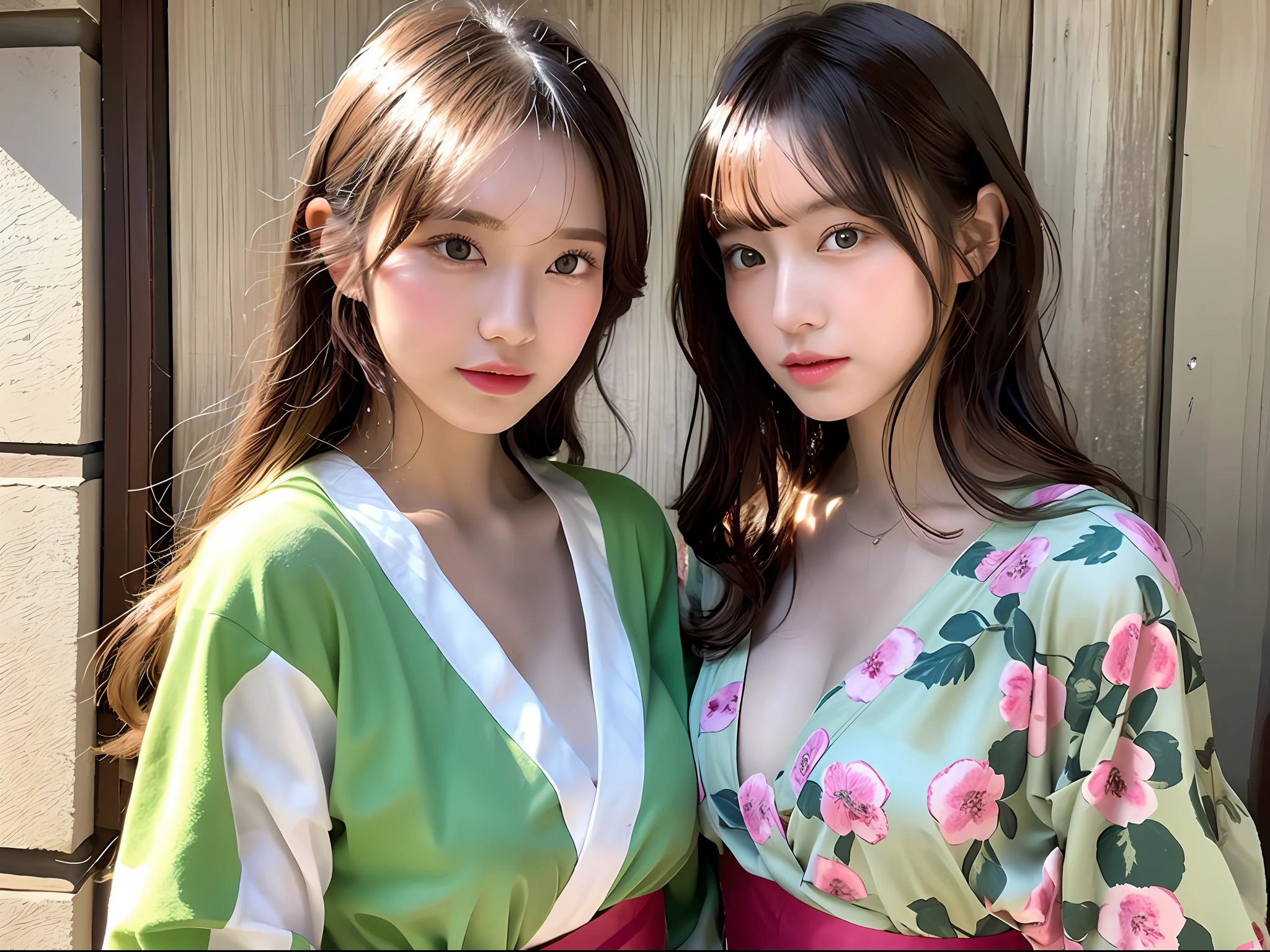 (8K、maximum quality、Master Pea:1.2)、(haired、_style)、(Realstic、pfotorealistic:1.37)、maximum quality、Master Pea、A photography studio bathed in the summer sun、simple back ground、[small tits]、[little chest]、Two models with different atmospheres、Position one of the two in a well-balanced perspective、1 photo、High Balance、Backlight、From the waist up、Camera angle with background facing up、Hands holding hair to ears、Shot in natural light from morning to noon、Hair arrangement and summer yukata style according to the trend of 2023、Three years for two Japan、Realstic、Realstic、super-detail、Beautiful facial features、10 generations、Actress、Half-Japanese and Russian models、Elaborate CG、slender、Charming、University students、lesbian、kissed、Long model and bob model for 3 years Japan、Hair fluttering in the wind、Delicate skin type、Hair with fine details and softness、The model's hair color is slightly lighter and softer、Gloss makeup、Take off your yukata and wear underwear.、Bra and panties have a cute design in light pink、The hem of the yukata is twisted to reveal all the underwear.