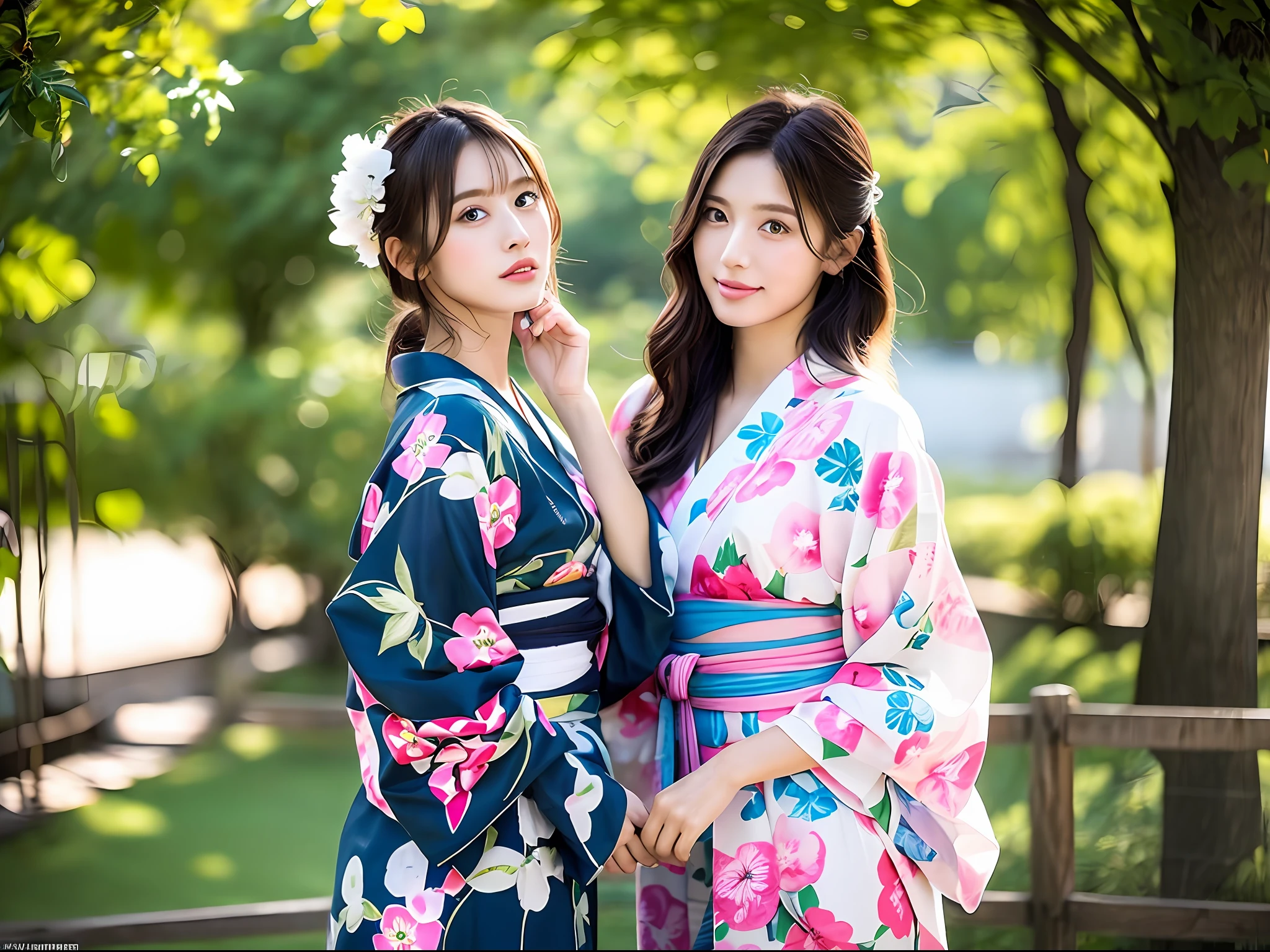 (8K、maximum quality、Master Pea:1.2)、(haired、_style)、(Realstic、pfotorealistic:1.37)、maximum quality、Master Pea、A photography studio bathed in the summer sun、simple back ground、[small tits]、[little chest]、Two models with different atmospheres、Position one of the two in a well-balanced perspective、1 photo、High Balance、Backlight、From the waist up、Camera angle with background facing up、Hands holding hair to ears、Shot in natural light from morning to noon、Hair arrangement and summer yukata style according to the trend of 2023、Three years for two Japan、Realstic、Realstic、super-detail、Beautiful facial features、10 generations、Actress、Half-Japanese and Russian models、Elaborate CG、slender、Charming、University students、lesbian、kissed、Long model and bob model for 3 years Japan、Hair fluttering in the wind、Delicate skin type、Hair with fine details and softness、The model's hair color is slightly lighter and softer、Gloss makeup、Take off your yukata and wear underwear.、Bra and panties have a cute design in light pink、The hem of the yukata is twisted to reveal all the underwear.