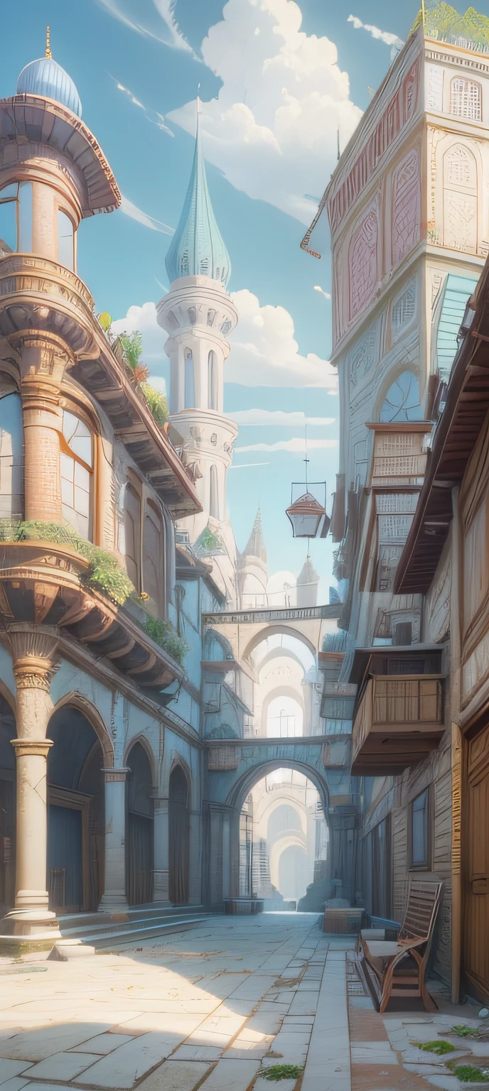 there is a bench sitting on the side of a walkway near a building, palace background, kaladesh concept art. mechanical, realistic painting of a complex, renaissance port city background, flintlock fantasy capital city, concept art highly detailed, silvain sarrailh, kaladesh, ornate borders + concept art, highly realistic concept art, futuristic palace