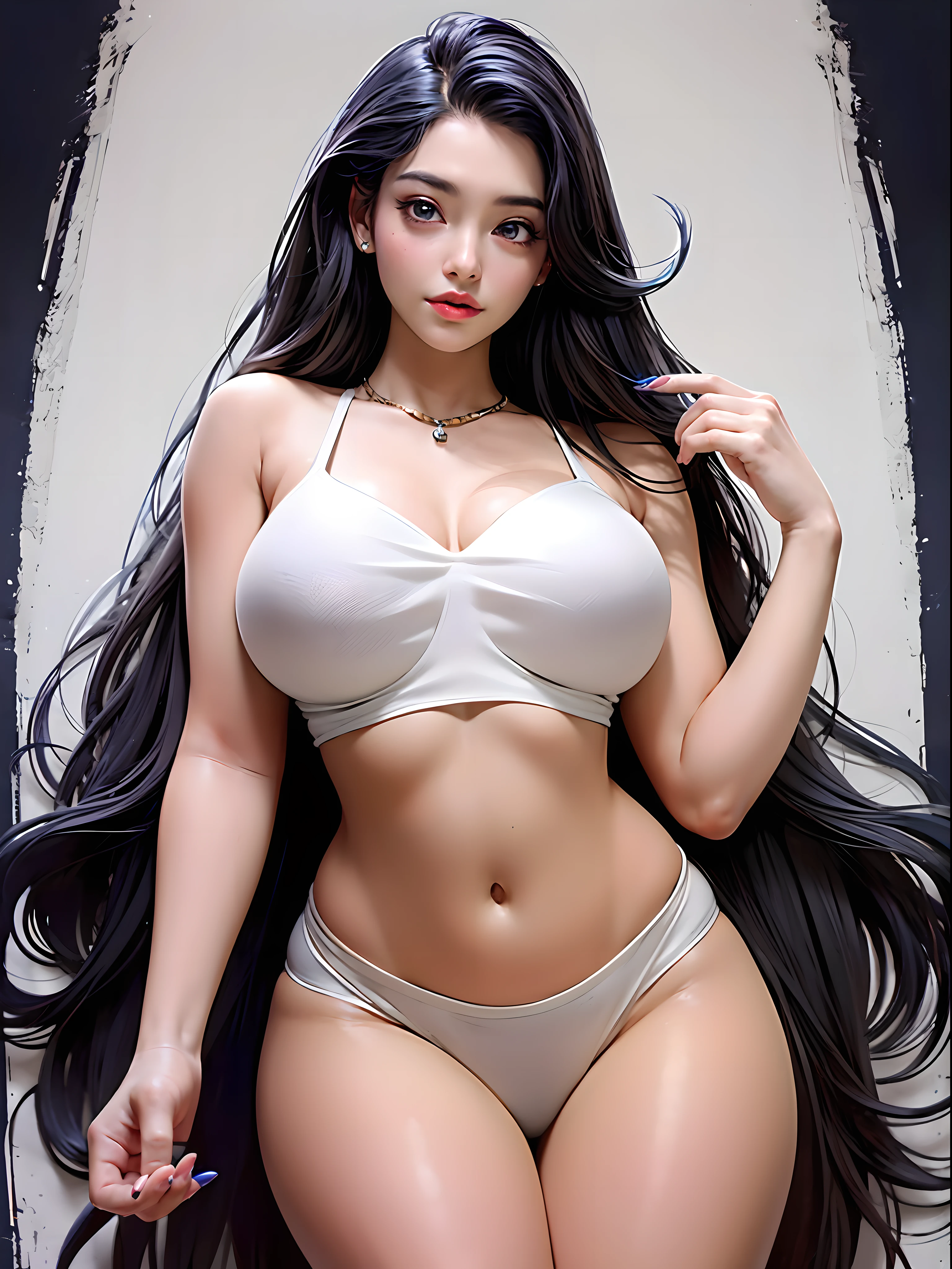 From above, ((Best Quality)), ((Masterpiece)), (Details), 1girl, she was wearing a revealing white dress. The dress, exposing the shoulders and navel, fit the body snugly and beautifully emphasized its curves. Her skin was white like ivory and soft and smooth to the touch. Her branded hair was straight and shiny pale. Her long hair ran down her back, making her figure look even more beautiful. Her eyes are large and deep indigo. Her lips were colored with cherry-colored lipstick and were plump and bulging. Her figure is somewhat mysterious and looks at the viewer. She was in a minimalist, simple and stark white room. Her face was beautifully trimmed and her eyes and nose were clear. The big black eyes were attractive with a deep and subtle glow. Her hair was long and lustrous, and her flowing beauty further enhanced her charm. Her mouth was small, and her well-formed lips were shining brightly. Her skin was smooth and very beautiful, almost silky. Her breasts and buttocks were large, and her thin waist was beautiful with its supple lines. , (large breasts, huge breasts, huge breasts, big breasts:1.2)
