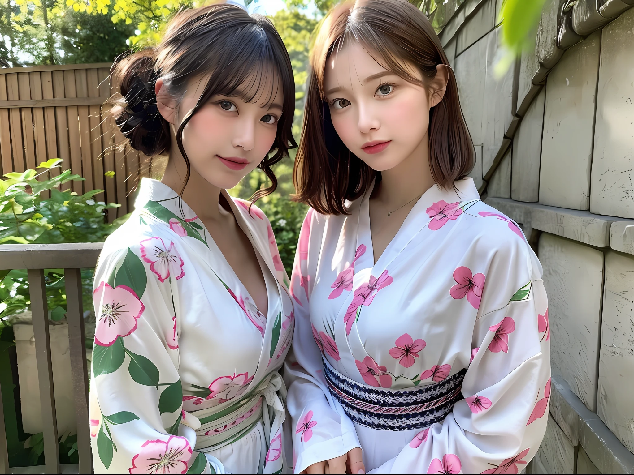 (8K、maximum quality、Master Pea:1.2)、(haired、_style)、(Realstic、pfotorealistic:1.37)、maximum quality、Master Pea、A photography studio bathed in the summer sun、simple back ground、[small tits]、[little chest]、Two models with different atmospheres、Position one of the two in a well-balanced perspective、1 photo、High Balance、Backlight、From the waist up、Camera angle with background facing up、Hands holding hair to ears、Shot in natural light from morning to noon、Hair arrangement and summer yukata style according to the trend of 2023、Three years for two Japan、Realstic、Realstic、super-detail、Beautiful facial features、10 generations、Actress、Half-Japanese and Russian models、Elaborate CG、slender、Charming、University students、lesbian、kissed、Long model and bob model for 3 years Japan、Hair fluttering in the wind、Delicate skin type、Hair with fine details and softness、The model's hair color is slightly lighter and softer、Gloss makeup、Take off your yukata and wear underwear.、Bra and panties have a cute design in light pink、Embarrassed look