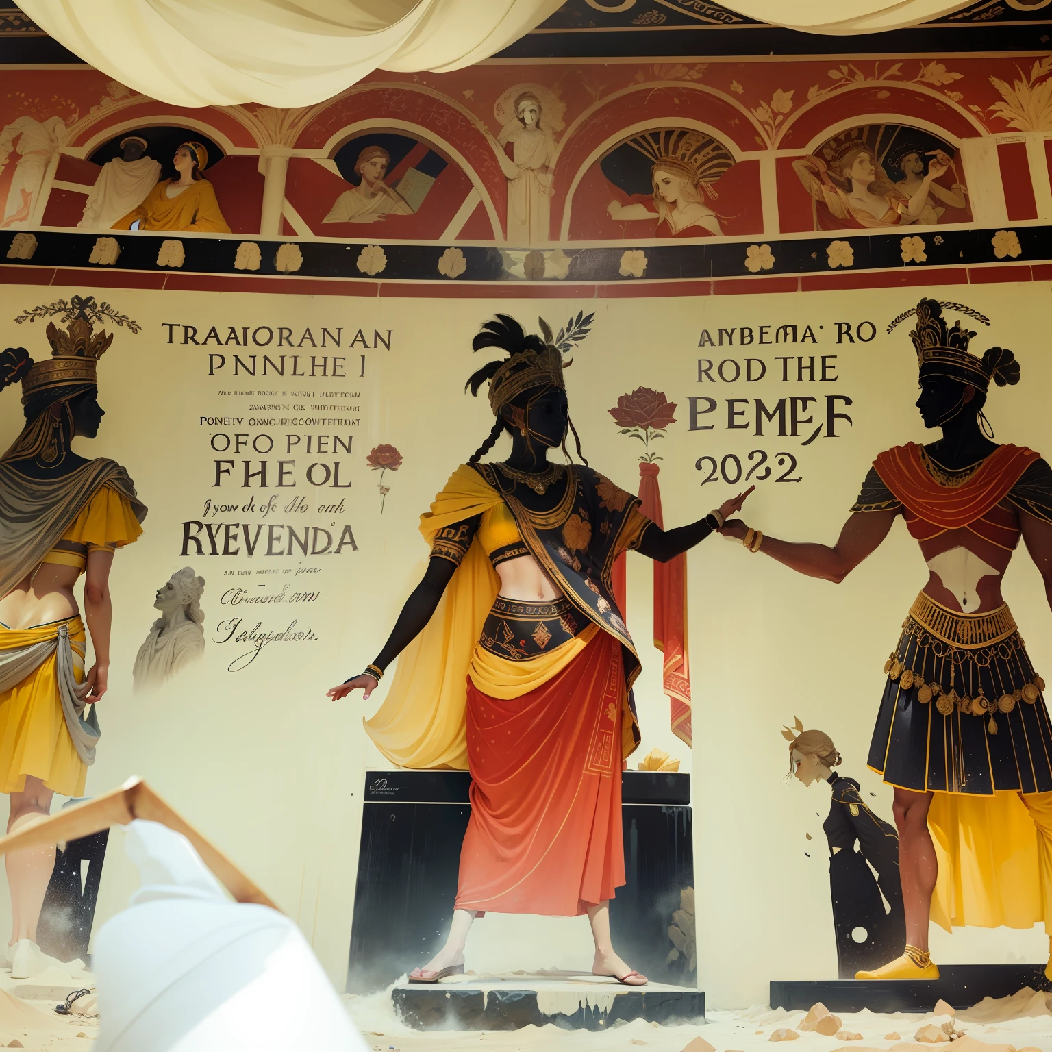 Prominent Figures of the Past: Transforming Ancient Greek Murals into Modern Advertising Art

Inspired by the vibrant legacy of ancient Greek murals, we invite you to venture into the depths of history and envision a captivating mural that blends the essence of classical aesthetics with contemporary advertising. Imagine a stunning depiction of a 2023's girl, embodying the spirit of our times, surrounded by symbolic elements that pay homage to the rich heritage of Greece.

In this mural, the girl is depicted as a radiant embodiment of the present era, exuding confidence and charm. Dressed in stylish attire that reflects modern fashion trends, she captivates viewers with her alluring gaze. Her vibrant personality shines through as she interacts with her surroundings, seamlessly bridging the gap between antiquity and the present day.

Behind her, the mural showcases a mesmerizing landscape reminiscent of the Pierian Mountains. The scenery transports us to the birthplace of the poet, where his journey began. A subtle nod to Pydna, a potential place of his origin, adds an intriguing element to the composition.

To further emphasize the poet's connection to his homeland, we integrate elements symbolizing the renowned Thracian musicians, Linus and Orpheus. These figures, representing the poet's fellow countrymen, subtly intertwine with the mural, blending harmoniously with the modern setting.

As a final touch, inscriptions and subscriptions within the mural bear testimony to the poet's identity as a freedman of Augustus. These subtle details provide a captivating layer of historical context, highlighting the poet's significance within the ancient world.