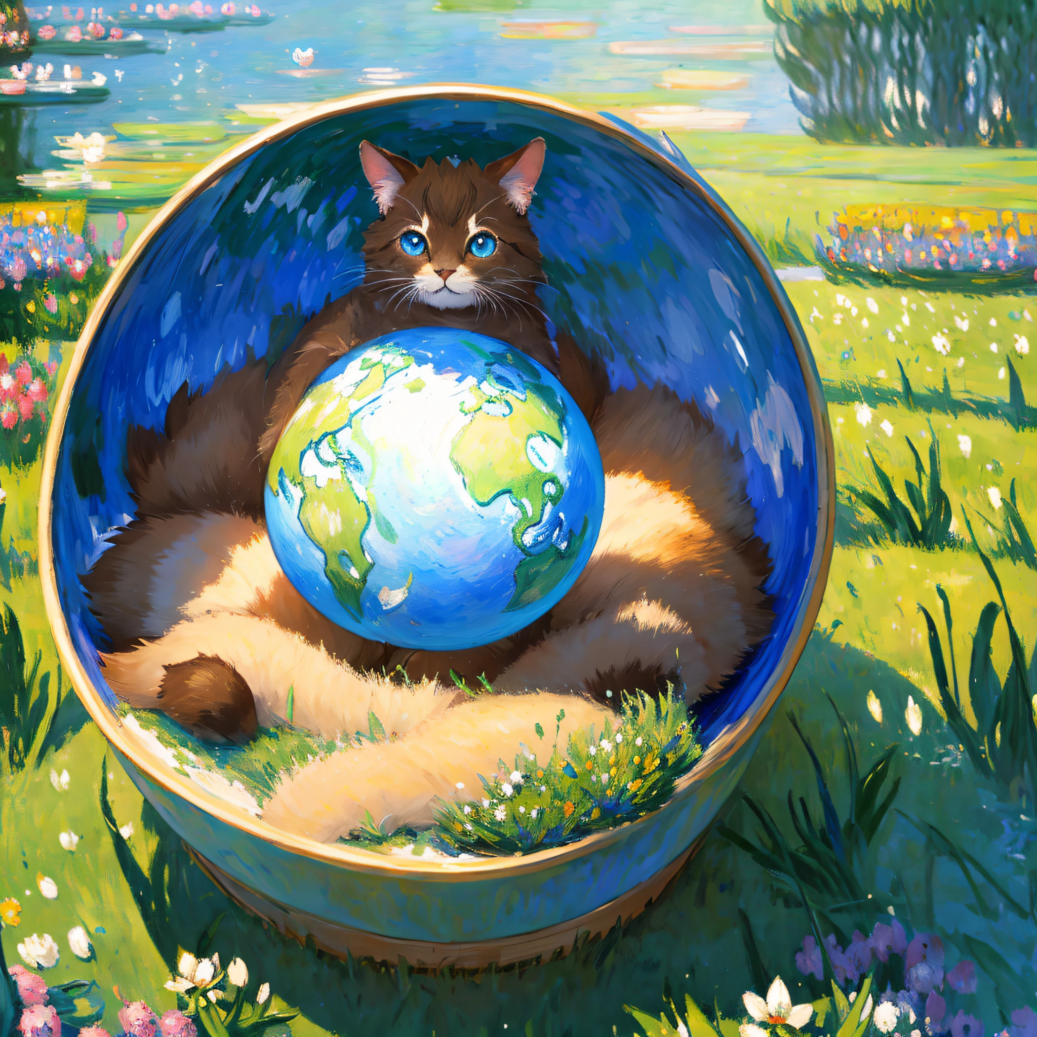 Fluffy cute ball that is the earth, blue green and brown fluff, deep blue eyes, hoving in space, masterpiece, best quality, ((In monet style))