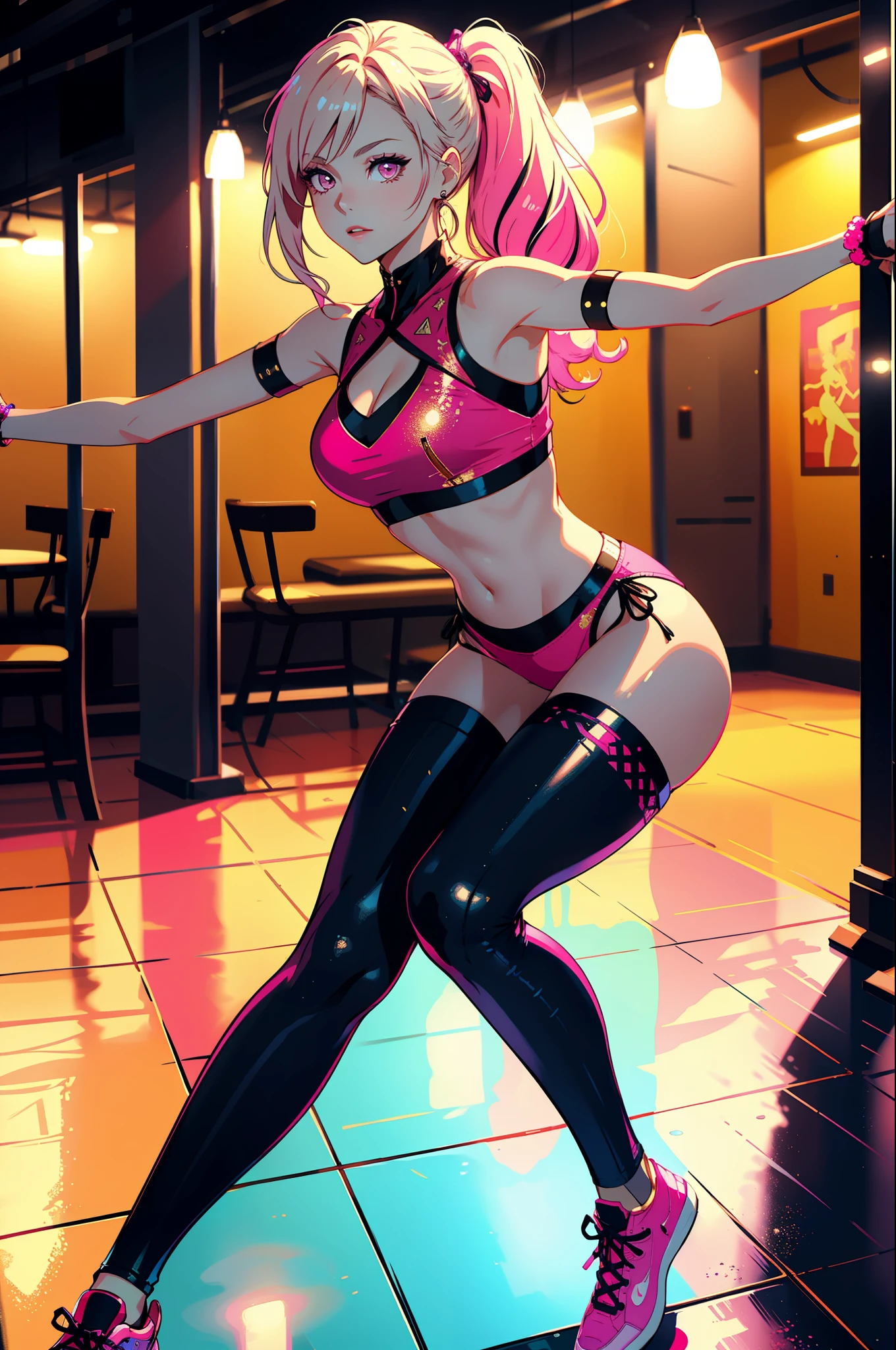 1girls, Barbie，Delicate and beautiful face,long golden hair，Various hairstyles，Full, symmetrical chest，Convex buttocks，Pink clothing，Pink shoes，All kinds of jewelry，perfectly proportioned, Detailed clothing details,late morning，bars，Dance hall，Colored lights，Cinematic lighting, filmgrain, Fujicolor, light and darkcontrast, 8K, 巨作, Textured skin, Super detail, high detailes, High quality, high resolucion,