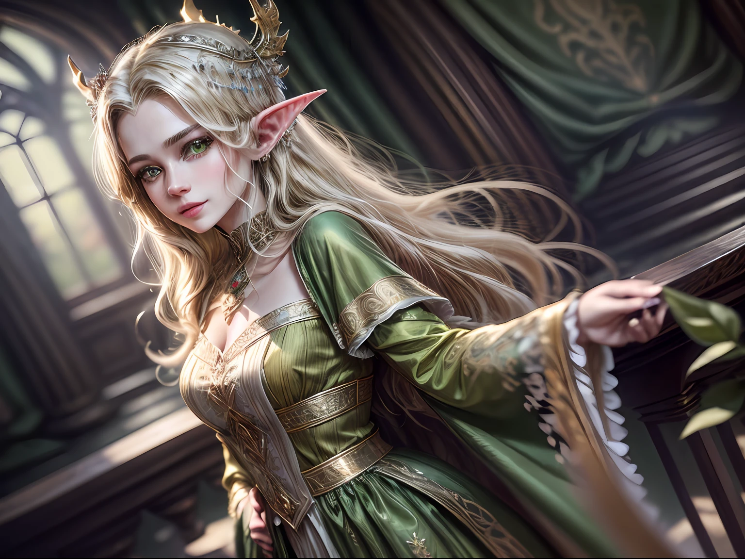 (masterpiece, high resolution, elegant:1.3), a portrait of a young elven child, a princess, dressed in elegant and lightweight garments adorned with hues of gold and silver, (long blonde hair:1.1), cascading down, (bright shimmering green eyes:1.2), radiating with a gentle sparkle, (perfectly flawless skin:1.1), her delicate and pointed ears adding to her beauty, (standing on the palace staircase:1.1), gazing lovingly at the camera, (loving and affectionate expression:1.2), capturing the essence of her regal grace, (majestic palace backdrop:1.2), (ornate details:1.1), an enchanting atmosphere befitting a princess, a captivating portrait of the young elven princess, evoking a sense of wonder and admiration.

Remember, the generated prompt describes a detailed portrait of a young elven child who is also a princess. She wears elegant and lightweight garments in golden and silver tones, with long blonde hair and bright green eyes that shine with a gentle brilliance. Her flawless skin and beautiful pointed ears enhance her enchanting appearance. The prompt depicts her standing on the palace staircase, gazing lovingly at the camera, radiating an expression of affection. The backdrop showcases the majestic palace with ornate details, setting the scene for an enchanting and regal atmosphere befitting the young elven princess, Cinematic, Hyper-detailed, insane details, Beautifully color graded, Unreal Engine, DOF, Super-Resolution, Megapixel, Cinematic Lightning, Anti-Aliasing, FKAA, TXAA, RTX, SSAO, Post Processing, Post Production, Tone Mapping, CGI, VFX, SFX, Insanely detailed and intricate, Hyper maximalist, Hyper realistic, Volumetric, Photorealistic, ultra photoreal, ultra-detailed, intricate details, 8K, Super detailed, Full color, Volumetric lightning, HDR, Realistic, Unreal Engine, 16K, Sharp focus, Octane render --v testp