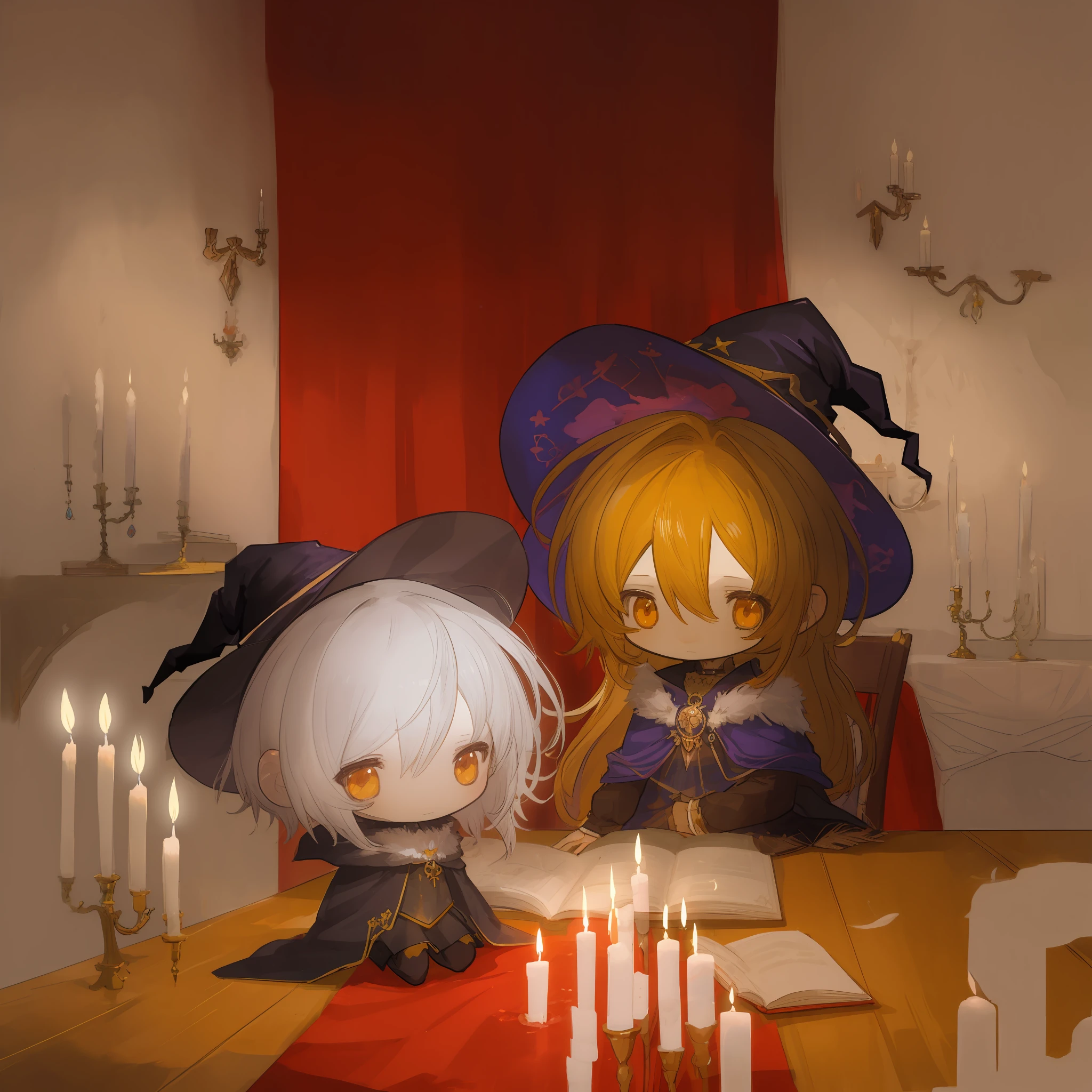 An illustration of an anime character,((Chibi))、witch girl waifu portrait, evil, sly, Witch Hat, spell book on table, light from a candle, Magic, Dark bedroom, Brown hair, dark bed, medieval era, light from a candle, Warm colors, Warm light, Dim light, dark portrait, Anime style, Pretty girl, Perfect Anatomy, centred, Highly detailed, Character Sheet, art stations, Concept art, Smooth, Sharp Focus, Illustration, Cinematic lighting