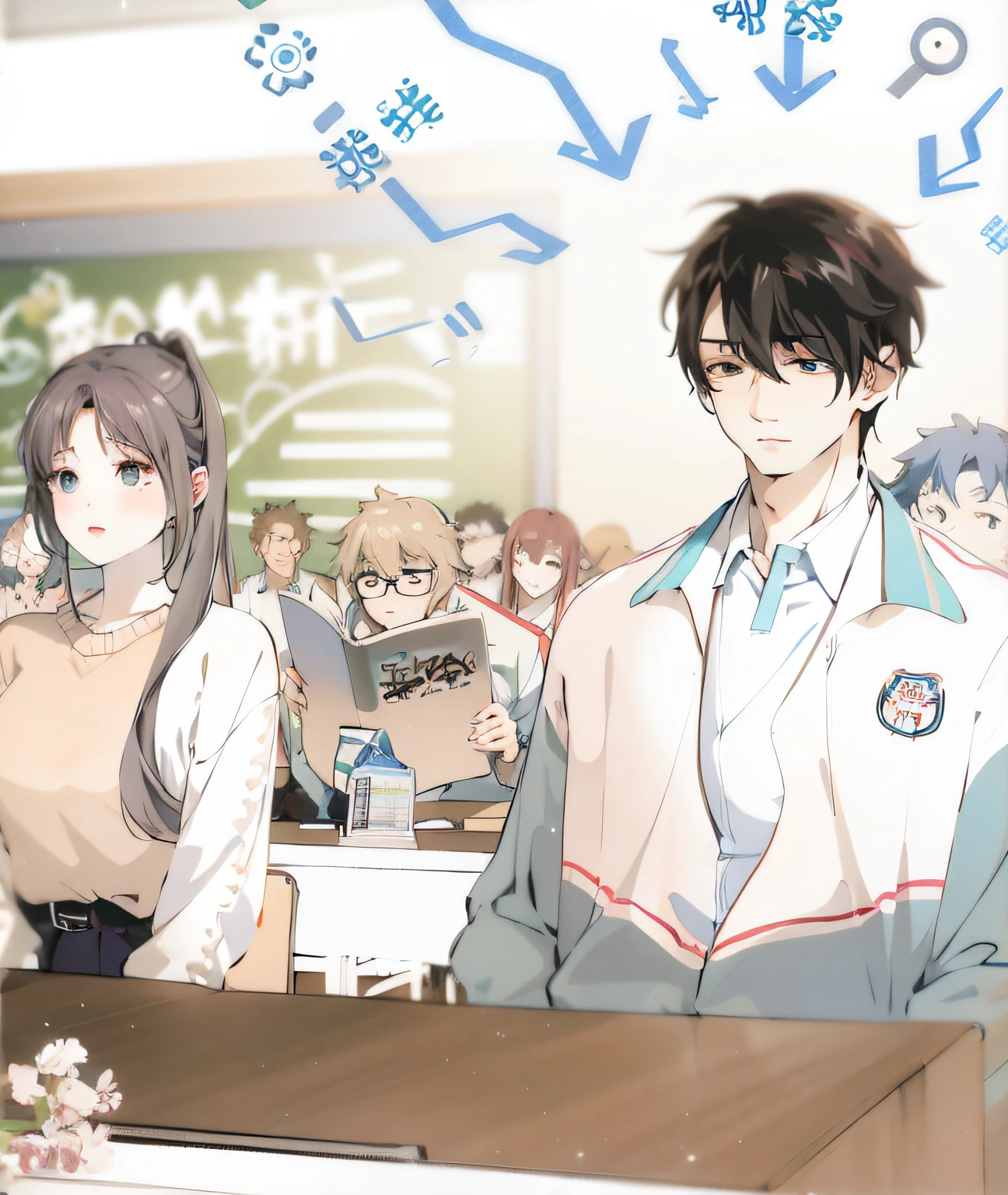Anime image of a man and woman in a classroom, Perfect facial features，highschool background, Classroom Background, typical anime classroom, Classe escolar, In anime style, In a classroom