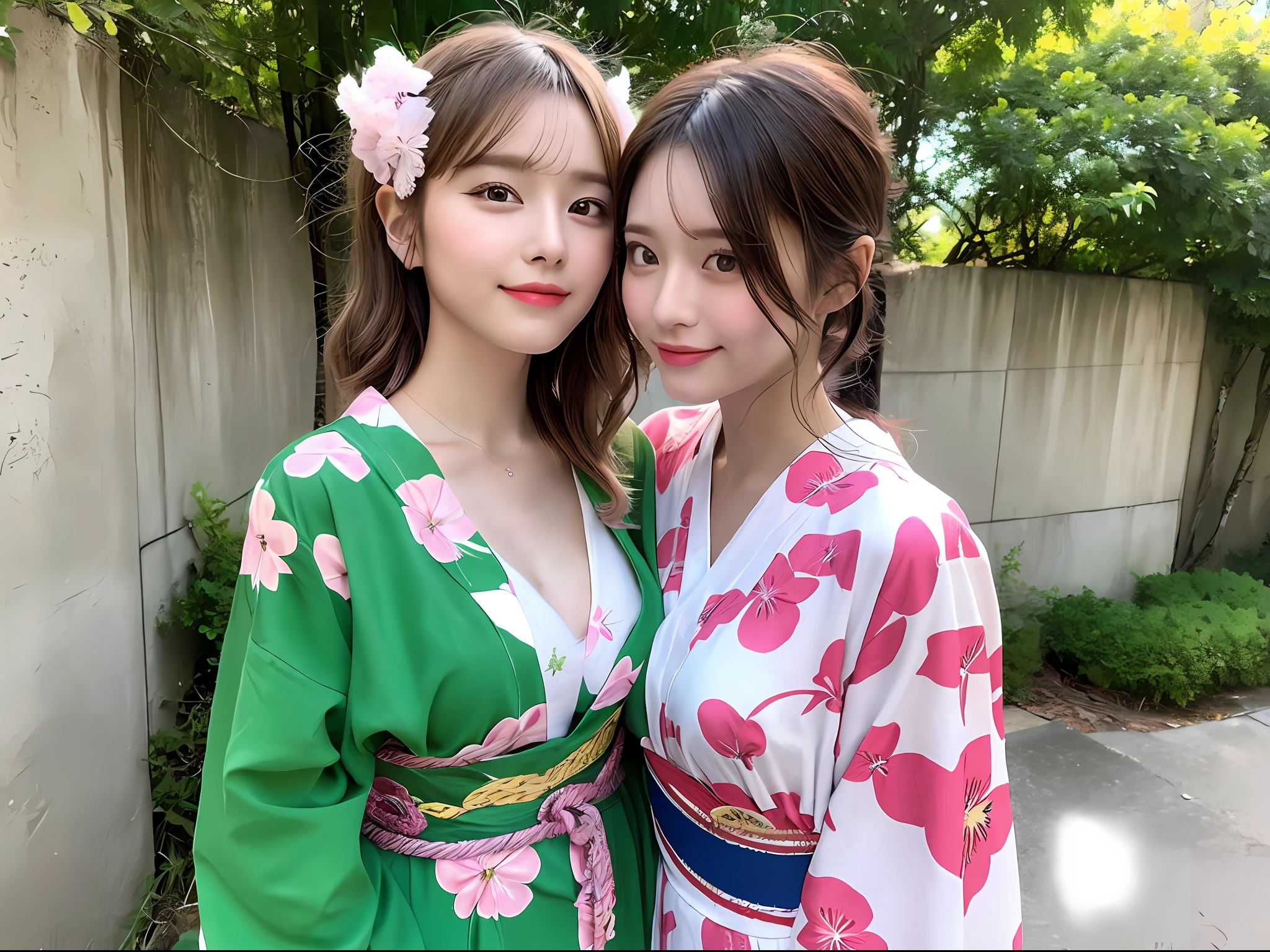 (8K、maximum quality、Master Pea:1.2)、(haired、_style)、(Realstic、pfotorealistic:1.37)、maximum quality、Master Pea、A photography studio bathed in the summer sun、simple back ground、[small tits]、[little chest]、Two models with different atmospheres、Position one of the two in a well-balanced perspective、1 photo、High Balance、Backlight、From the waist up、Camera angle with background facing up、Hands holding hair to ears、Shot in natural light from morning to noon、Hair arrangement and summer yukata style according to the trend of 2023、Three years for two Japan、Realstic、Realstic、super-detail、Beautiful facial features、10 generations、Actress、Half-Japanese and Russian models、Elaborate CG、slender、Charming、University students、lesbian、kissed、Long model and bob model for 3 years Japan、Hair fluttering in the wind、Delicate skin type、Hair with fine details and softness、The model's hair color is slightly lighter and softer、Gloss makeup、Take off your yukata and wear underwear.、Bra and panties have a cute design in light pink