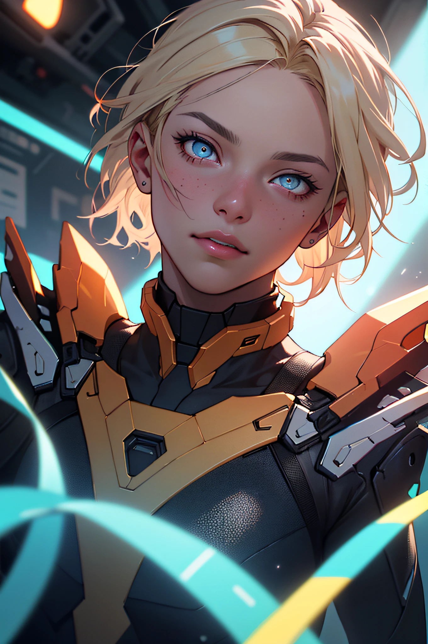 Highly detailed RAW color photo, beautiful young woman, short blonde hair, dynamic pose, (wide hips), (detailed skin), (detailed lips), (detailed eyes), (cosmic: 1.4), (necropolis: 1.1), (science fiction setting) (detailed face), (curvy), red clothing, detailed eyes, chromatic aberration, depth of field, soft lighting, masterpiece, best quality, intricate, (lens reflection: 0.7), (flowering: 0.7), particle effects, ray tracing, tone mapping, highly detailed, concept art, smooth, sharp focus, dramatic lighting, highly detailed art, cinematic, hyper-realistic painting, trending on Artstation, 8K, amazing shadows, realistic, (highly detailed background: 1.2), mid-journey art
