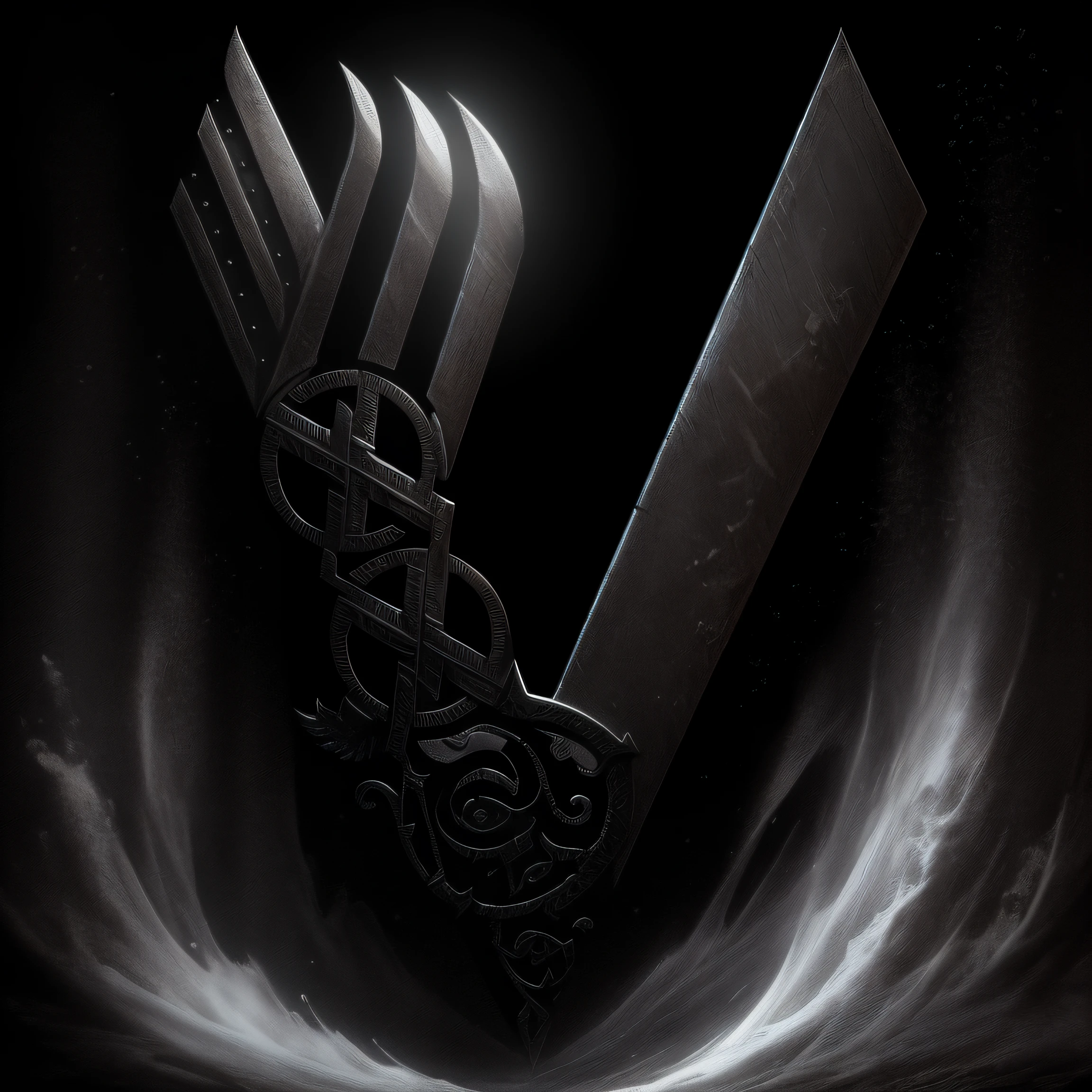 cinematographic, Logo Vikings , tv series, Viking aesthetics, textura de metal desgastado, marcas de sangue, Valhalla, Cultura Viking, Runas VIQUINGUES, Viking, [ metal ], estilo Viking arte oficial, Black background with cinematic lighting