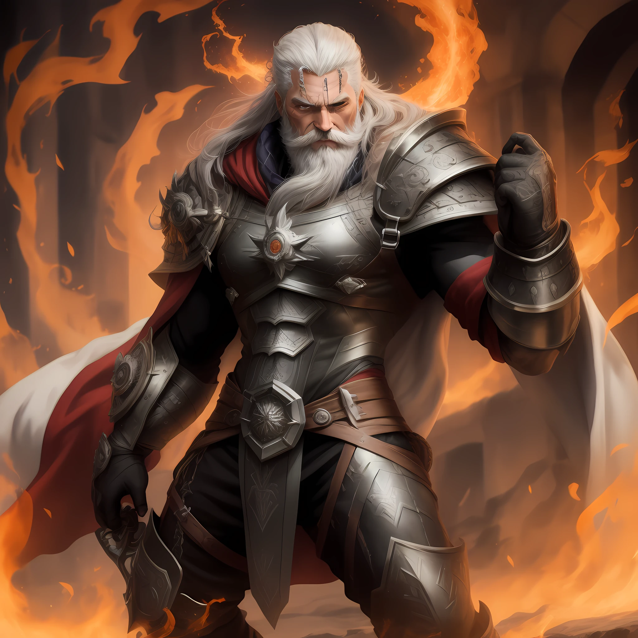 Odin, homem velho, 50 anos, cabelo branco, barba branca, rosto detalhado, rosto perfeito, scar across the eye, olhos cintilantes, olhos flamejantes,