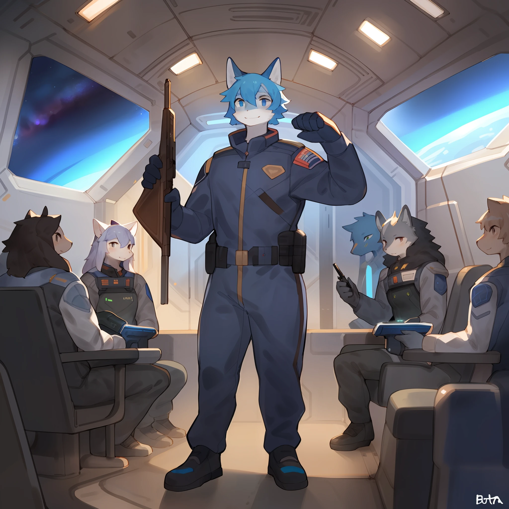 Female, group photo, male, soldier, grey uniform, smiling, holding rifle, standing, by bebebebebe, by buta99, sci fi, greyblue bodysuit, hair, spaceship, space, window