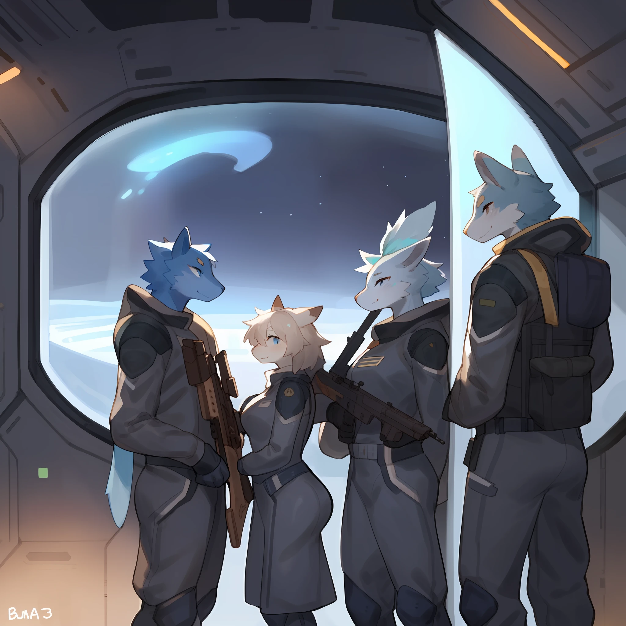 Female, group photo, male, soldier, grey uniform, smiling, holding rifle, standing, by bebebebebe, by buta99, sci fi, greyblue bodysuit, hair, spaceship, space, window