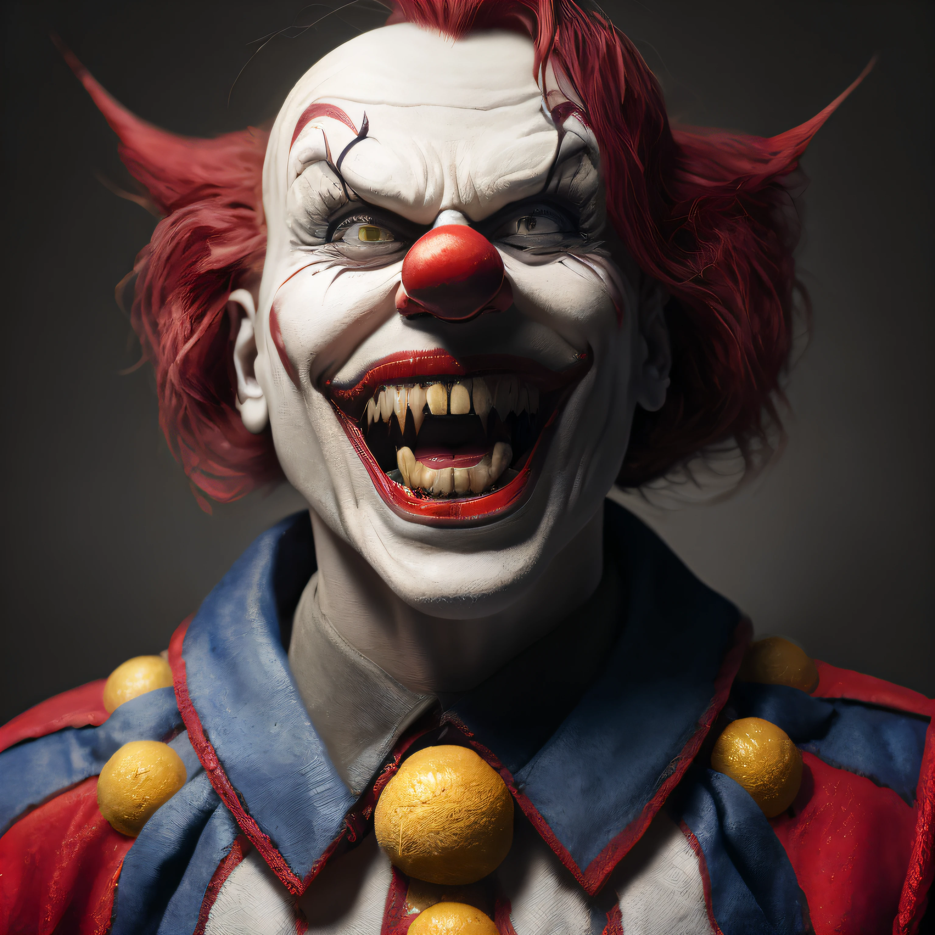 Sinister Grin An image showcasing an evil clown with a wide, malevolent grin, revealing sharp and menacing teeth, capturing the dark and twisted nature of the character, Ultra realism, color field printing, high detail, UHD, 8k, anatomically correct, cinematic lighting 4d quality --auto
