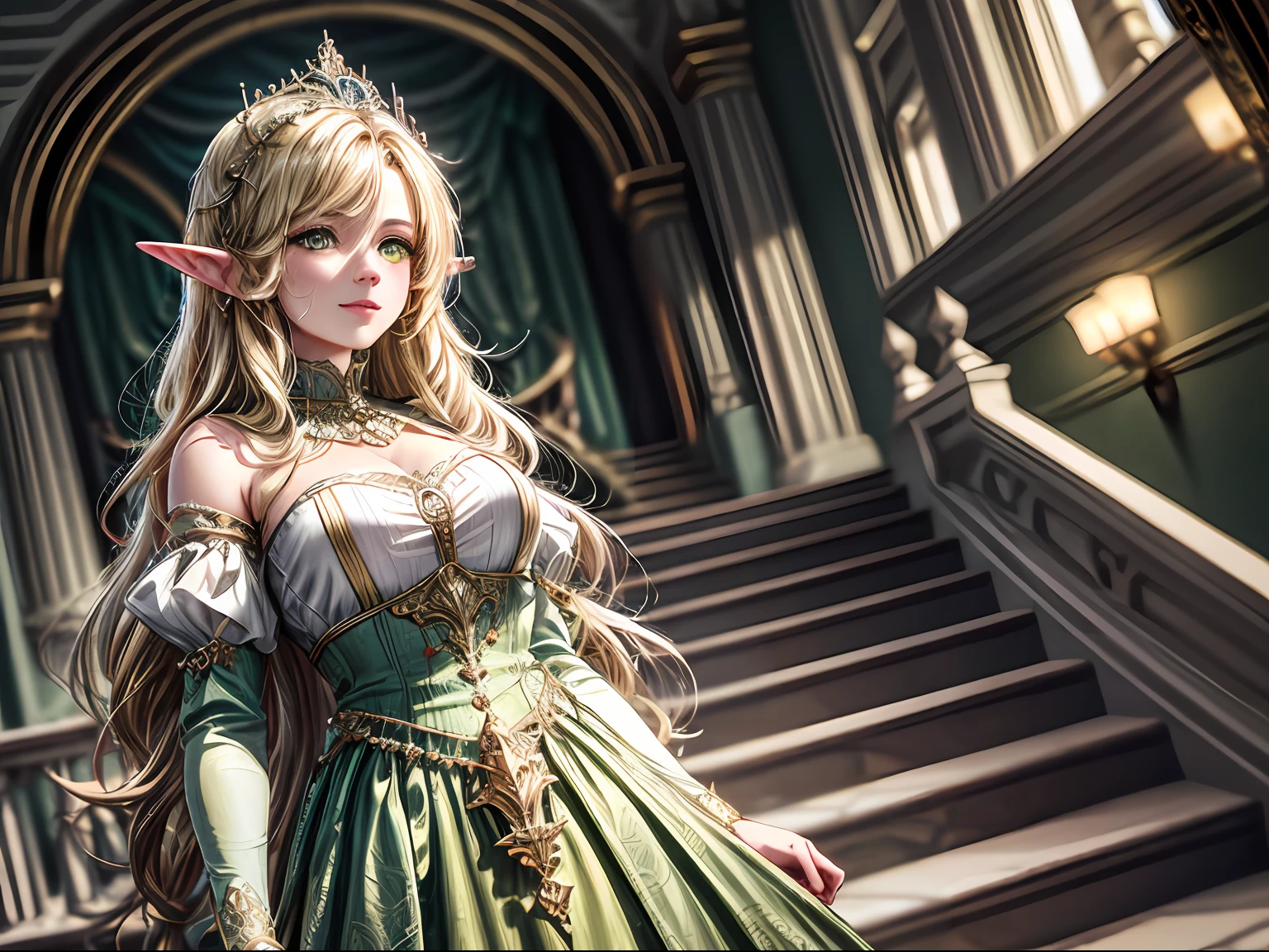 (masterpiece, high resolution, elegant:1.3), a portrait of a young elven child, a princess, dressed in elegant and lightweight garments adorned with hues of gold and silver, (long blonde hair:1.1), cascading down, (bright shimmering green eyes:1.2), radiating with a gentle sparkle, (perfectly flawless skin:1.1), her delicate and pointed ears adding to her beauty, (standing on the palace staircase:1.1), gazing lovingly at the camera, (loving and affectionate expression:1.2), capturing the essence of her regal grace, (majestic palace backdrop:1.2), (ornate details:1.1), an enchanting atmosphere befitting a princess, a captivating portrait of the young elven princess, evoking a sense of wonder and admiration.

Remember, the generated prompt describes a detailed portrait of a young elven child who is also a princess. She wears elegant and lightweight garments in golden and silver tones, with long blonde hair and bright green eyes that shine with a gentle brilliance. Her flawless skin and beautiful pointed ears enhance her enchanting appearance. The prompt depicts her standing on the palace staircase, gazing lovingly at the camera, radiating an expression of affection. The backdrop showcases the majestic palace with ornate details, setting the scene for an enchanting and regal atmosphere befitting the young elven princess, Cinematic, Hyper-detailed, insane details, Beautifully color graded, Unreal Engine, DOF, Super-Resolution, Megapixel, Cinematic Lightning, Anti-Aliasing, FKAA, TXAA, RTX, SSAO, Post Processing, Post Production, Tone Mapping, CGI, VFX, SFX, Insanely detailed and intricate, Hyper maximalist, Hyper realistic, Volumetric, Photorealistic, ultra photoreal, ultra-detailed, intricate details, 8K, Super detailed, Full color, Volumetric lightning, HDR, Realistic, Unreal Engine, 16K, Sharp focus, Octane render --v testp
