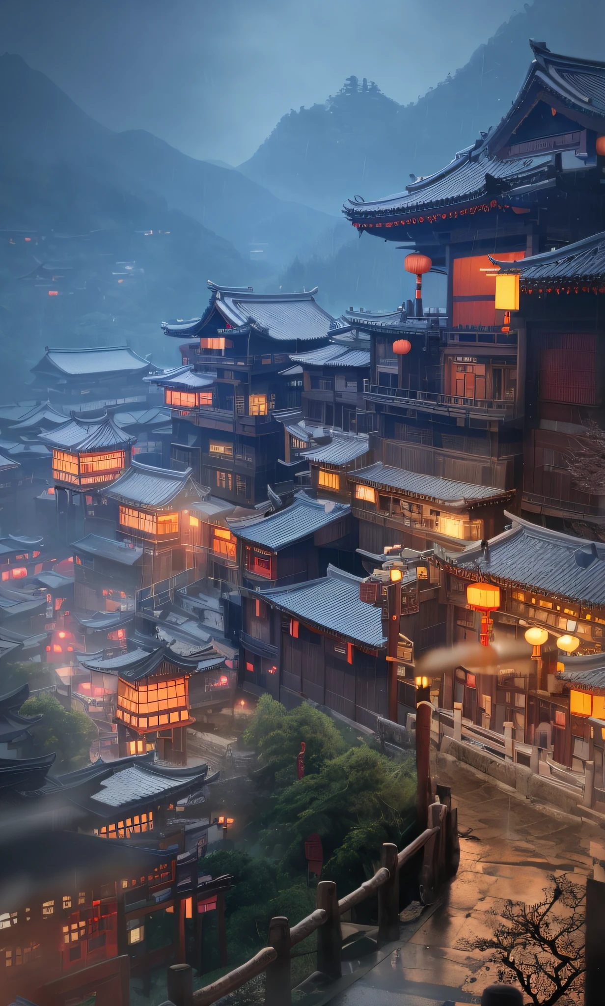 arafed view of a village with a lot of lights on the buildings, dreamy chinese town, chinese village, amazing wallpaper, japanese town, japanese village, hyper realistic photo of a town, old asian village, japanese city, by Raymond Han, rainy evening, cyberpunk chinese ancient castle, beautifully lit buildings, at evening during rain, beautiful and aesthetic, photography, cinematic, 8k, high detailed ((Heavy rain)))