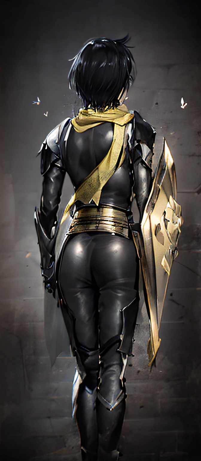 Background of a beautiful woman，black color hair，Red fluttering scarf，Fluttering scarf，red sash，Gold armor，Black gold shield（Skull），Black silk big breasts，