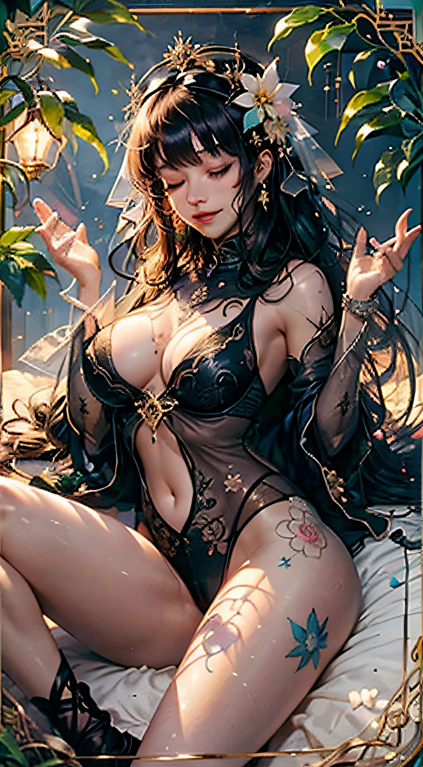 Sleeping Beauty, by Bella🦋 full body, beautiful girl sleeping, room with mirror, girl sleeping on bed and sheets, old clock and lamp on table, full body, black hair, Transparent clothing,open legs, view of pubic hair, 1 sexy girl in transparent forest clothes,exposed breasts, open transparent t-shirt,mandala and flower tattoos, La mejor calidad, Obra maestra, llustration, muy delicado y hermoso, muy detallado, CG, Unidad, Fondo de pantalla de 8k, ridiculous, huge filesize, lente muy ancha, Luz suave,Sleeping Beauty, by Bella🦋 full body, beautiful girl sleeping, full body, black hair, Transparent clothing, slight smile,, open legs, view of pubic hair, 1 sexy girl in transparent forest clothes,exposed breasts, open transparent t-shirt,mandala and flower tattoos, La mejor calidad,