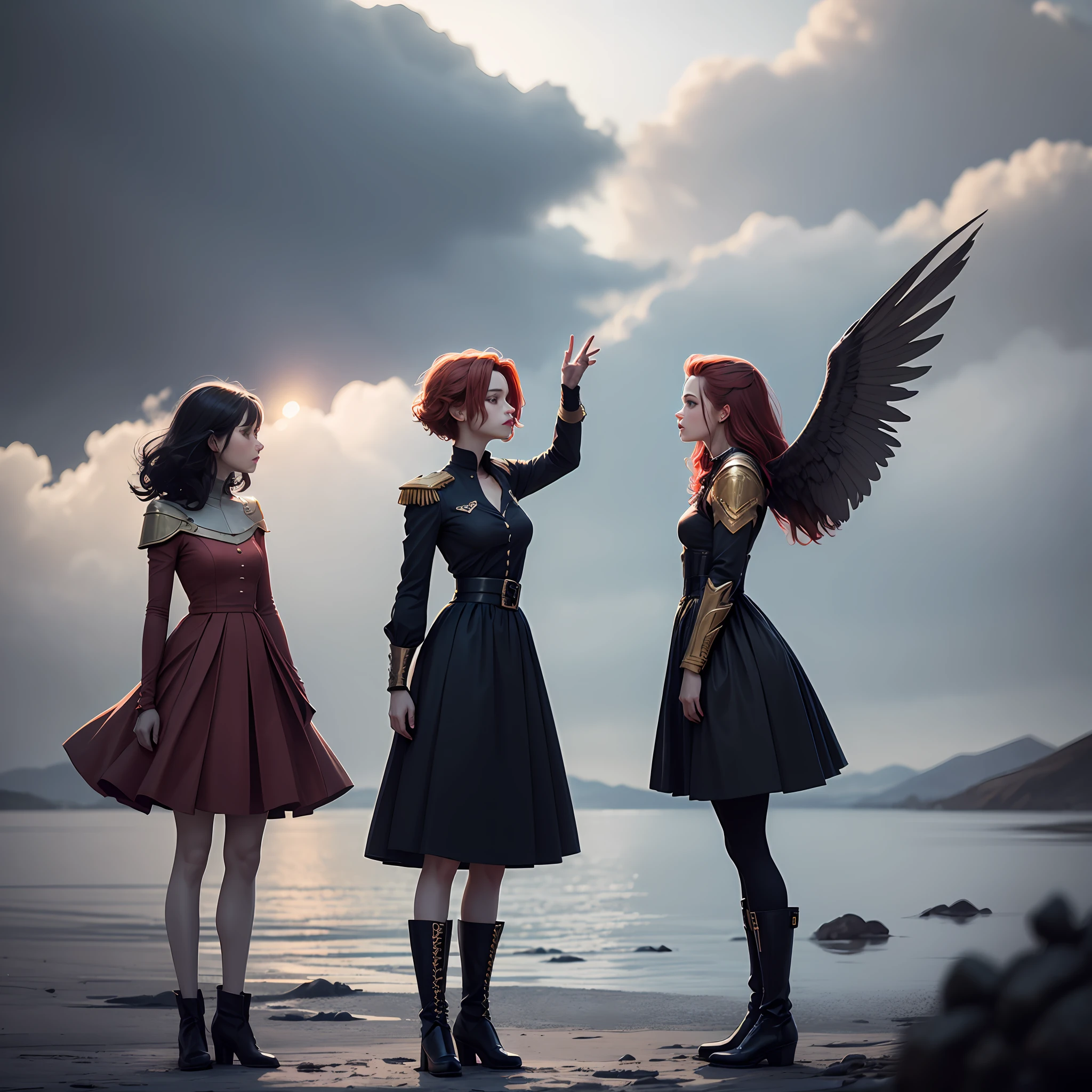 [prompt]

(masterpiece), (look_at_the_sky) (looking_up),  (best quality), (ultra-detailed), (best illustration), looking_up, looking at the sky, outdoors, standing, full body, model, 1girl, solo, ex-pression face, (sideview), from_side, (wings of energy), small_breasts, large wings, wings at the back, pointy_ears, red_hair, short_hair, black long sleeve blouse with small ribbon on the chest, black dress, black grunge skirt with stripes, black long boots, metal gauntlets on arms, blue_eyes, yellow_eyes, anime, best_quality, detailed_background, milk galaxy, snow, storm, mountain, (sombre), (red_hair), medium_hair, black_hair, Wind_effect, short_hair

[negative_prompt]

(worst quality, low quality:1.4), (realistic, lip, nose, tooth, rouge, lipstick, eyeshadow:1.0), (dusty sunbeams:1.0),(abs, muscular, rib:1.0), (depth of field, bokeh, blurry:1.4), (greyscale, monochrome:1.0), text, title, logo, signature ,watermark, username, artist name, bad anatomy, out of frame, ugly, extra fingers, mutated hands, poorly drawn hands, poorly drawn face, mutation, deformed, dehydrated, bad proportions, extra limbs, cloned face, disfigured, gross proportions, malformed limbs, missing arms, missing legs, extra arms, extra legs, fused fingers, too many fingers, hair ribbon, metal shoulder, epaulet --auto