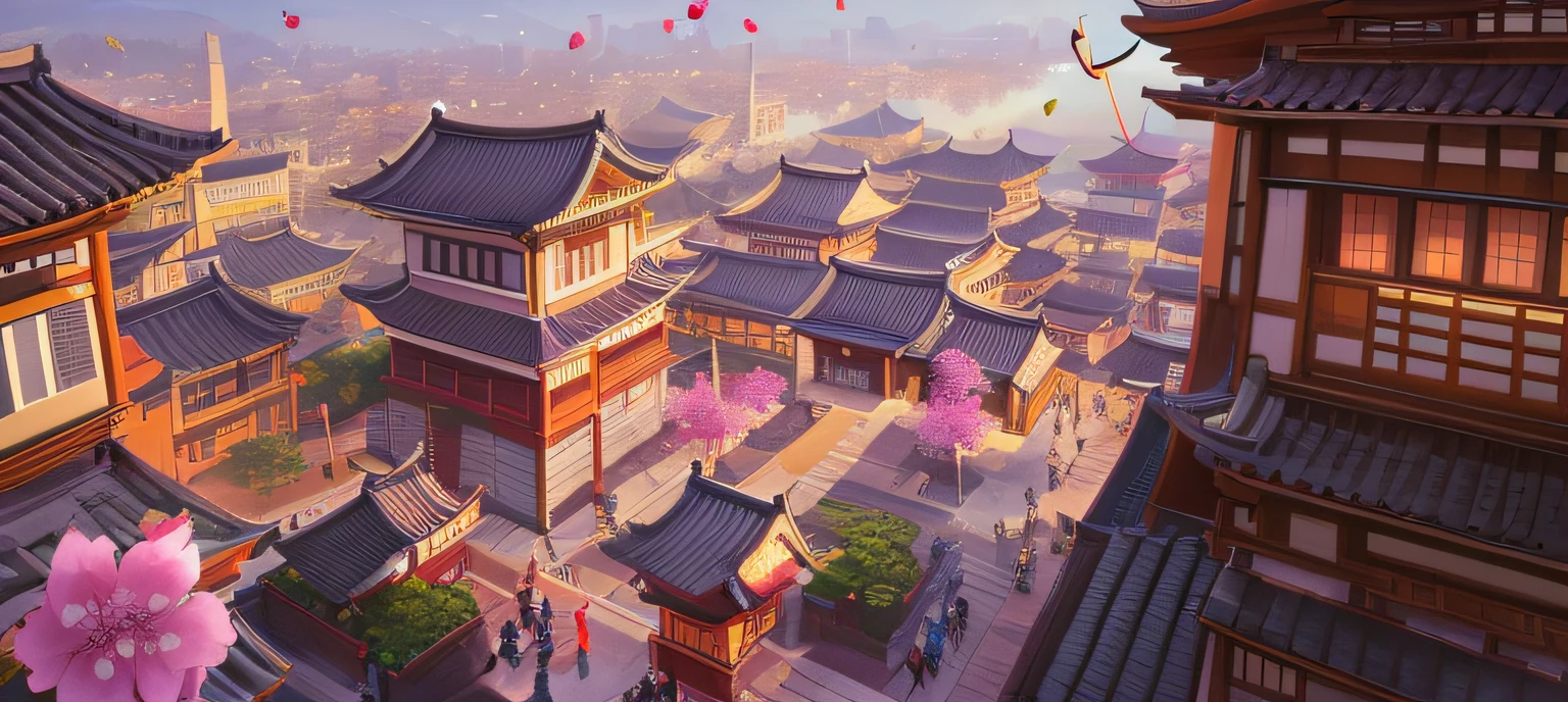 anime - style city with a flying kite and cherry blossoms, dreamy Chinese towns, colorful kitsune city, japanese town, Anime landscape concept art, ross tran. scenic background, traditional japanese concept art, japanese city, anime style cityscape, rossdraws global illumination, Onmyoji detailed art, a beautiful artwork illustration, Beautiful rendering of the Tang Dynasty --auto