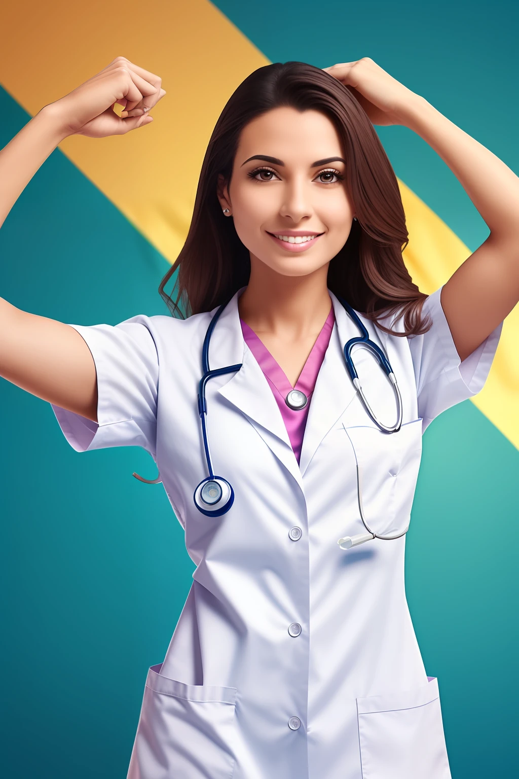 Masterpiece of a Brazilian medical woman wearing a doctor's outfit in pink Distant Vision,With open arms