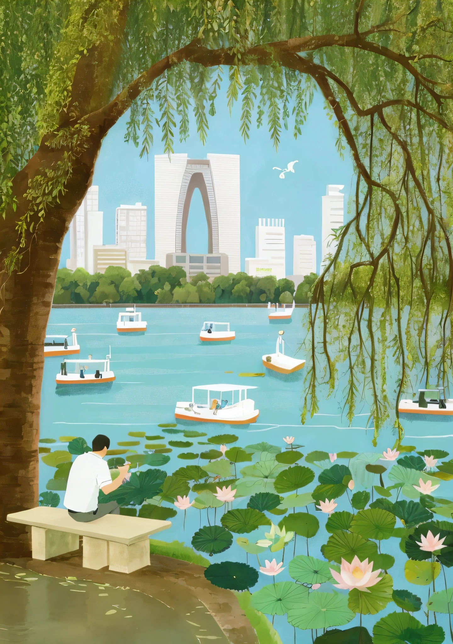 The painting shows a man sitting on a bench by the water, parks and lakes, a beautiful artwork illustration, Suzhou, in a park,lakeside, in an eco city, Lotus pond, Inspired by Wu Guanzhong, Official illustration, nature returning to the city