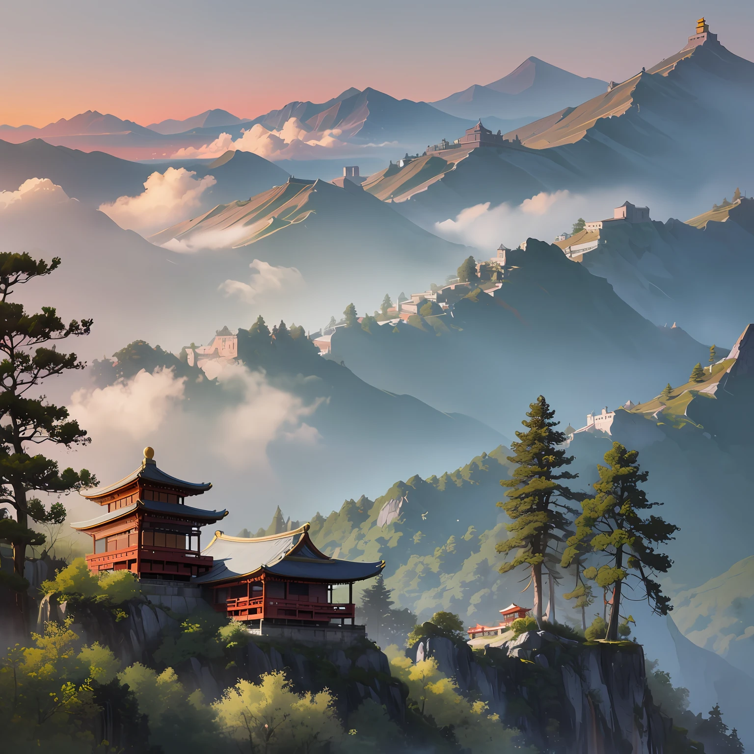 mountains with a pagoda and a few trees on top of them, digital painting of a pagoda, ross tran. scenery background, Illustration matte painting, Chinese landscape, author：Raymond Han, Beautiful rendering of the Tang Dynasty, anime landscape, matte painting in fantasy style, dreamy Chinese towns, inspired by Raphael Lacoste, by Yang J, dojo on a mountain