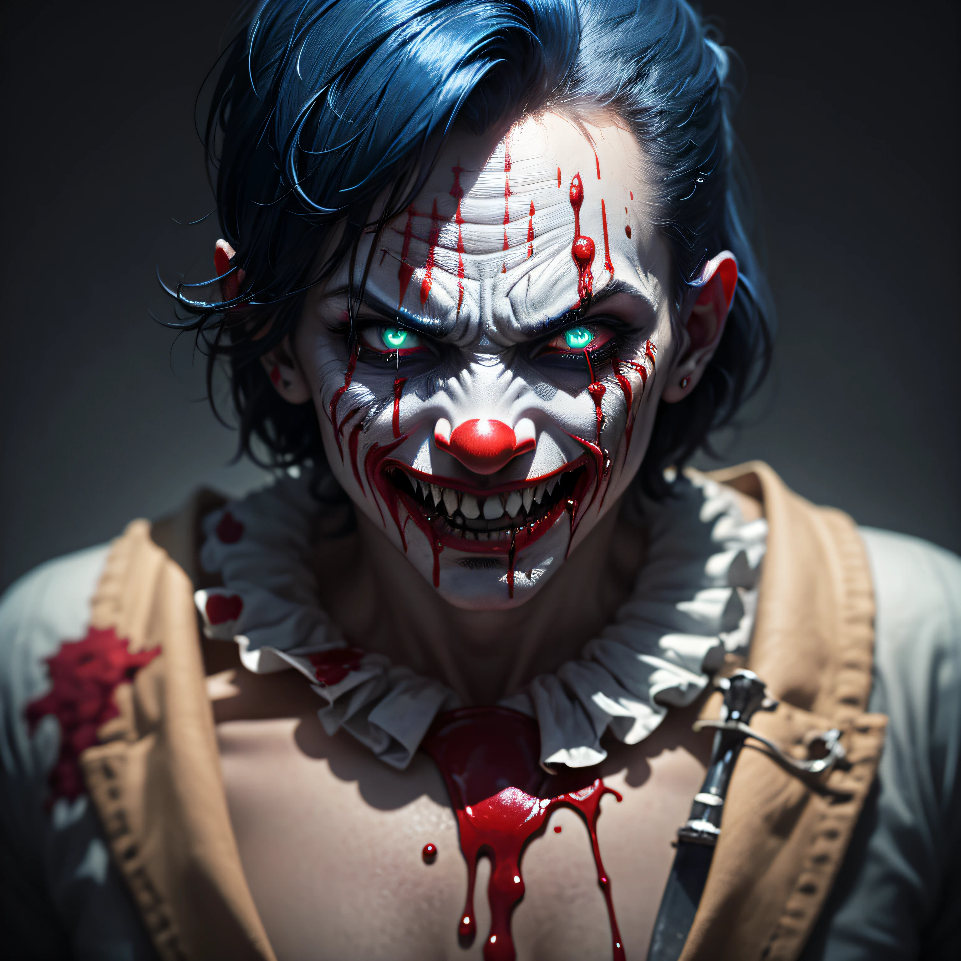 Bloodied Jester	 An illustration of an evil clown covered in blood, holding a dripping knife, with a twisted and sadistic expression, evoking a sense of terror and danger, Ultra realism, color field printing, high detail, UHD, 8k, anatomically correct, cinematic lighting 4d quality --auto